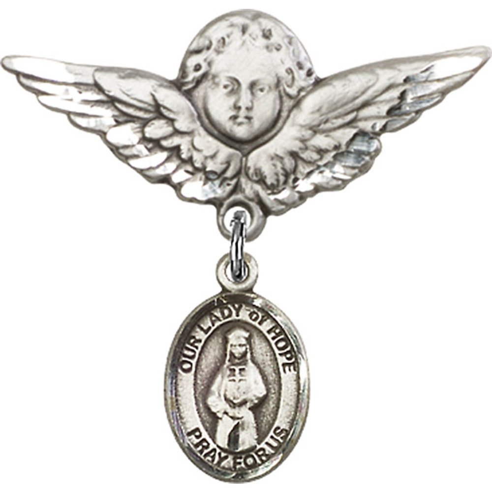 925 Sterling Silver Baby Badge with Our Lady of Hope Charm & Angel Wing Pin - 1 1/8 X 1 1/8 Inches - Perfect for Christening Gifts, Baptism Keepsakes & First Communion Jewelry