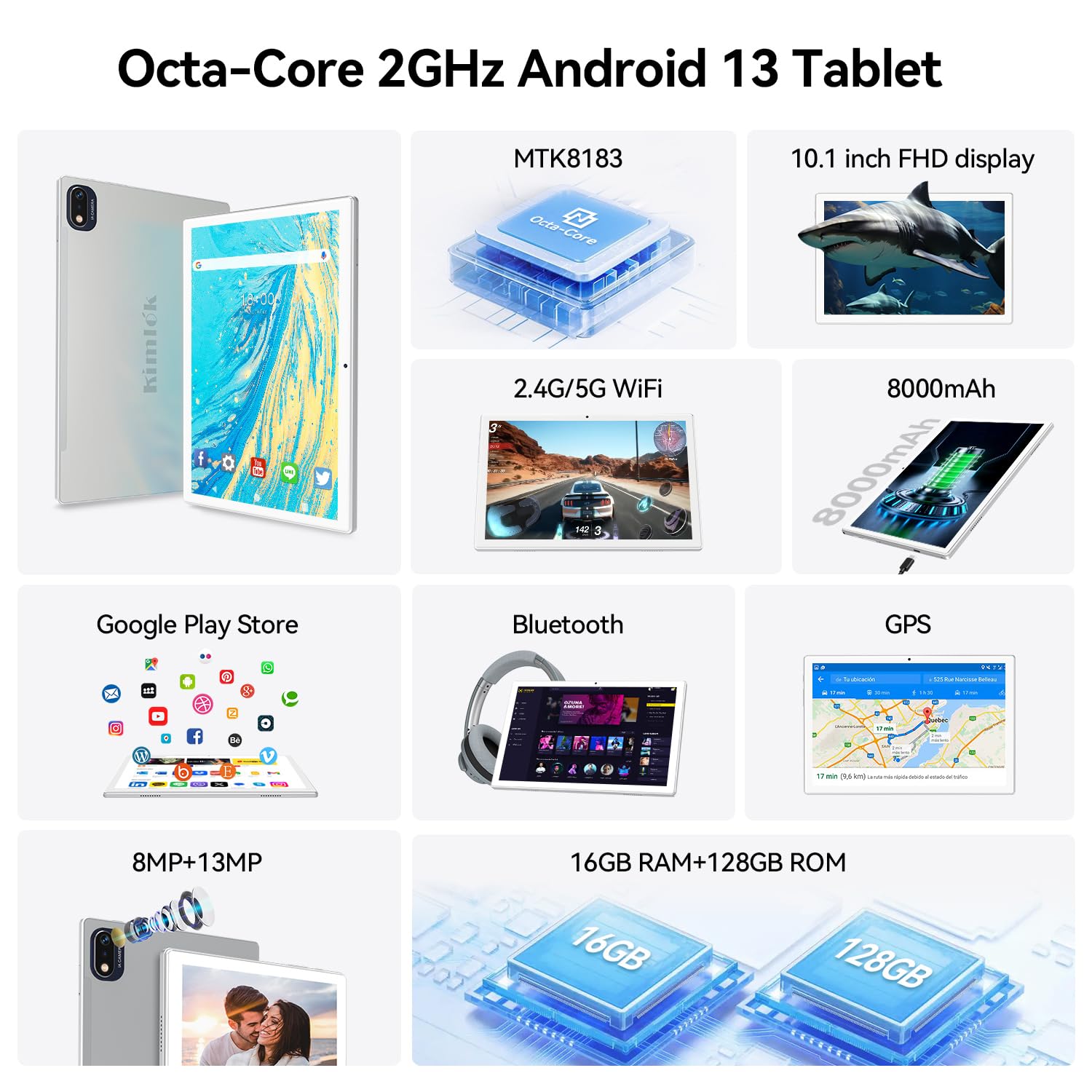 **2025 Latest Android 13 Tablet - 10 Inch Octa-Core, 128GB ROM + 16GB RAM (8+8 Virtual), 1TB Expandable, 5G WiFi, 13MP+8MP Camera, 8000mAh Battery - 2-in-1 Tablet with Keyboard, Mouse & Case - Perfect for Work, Study & Entertainment**