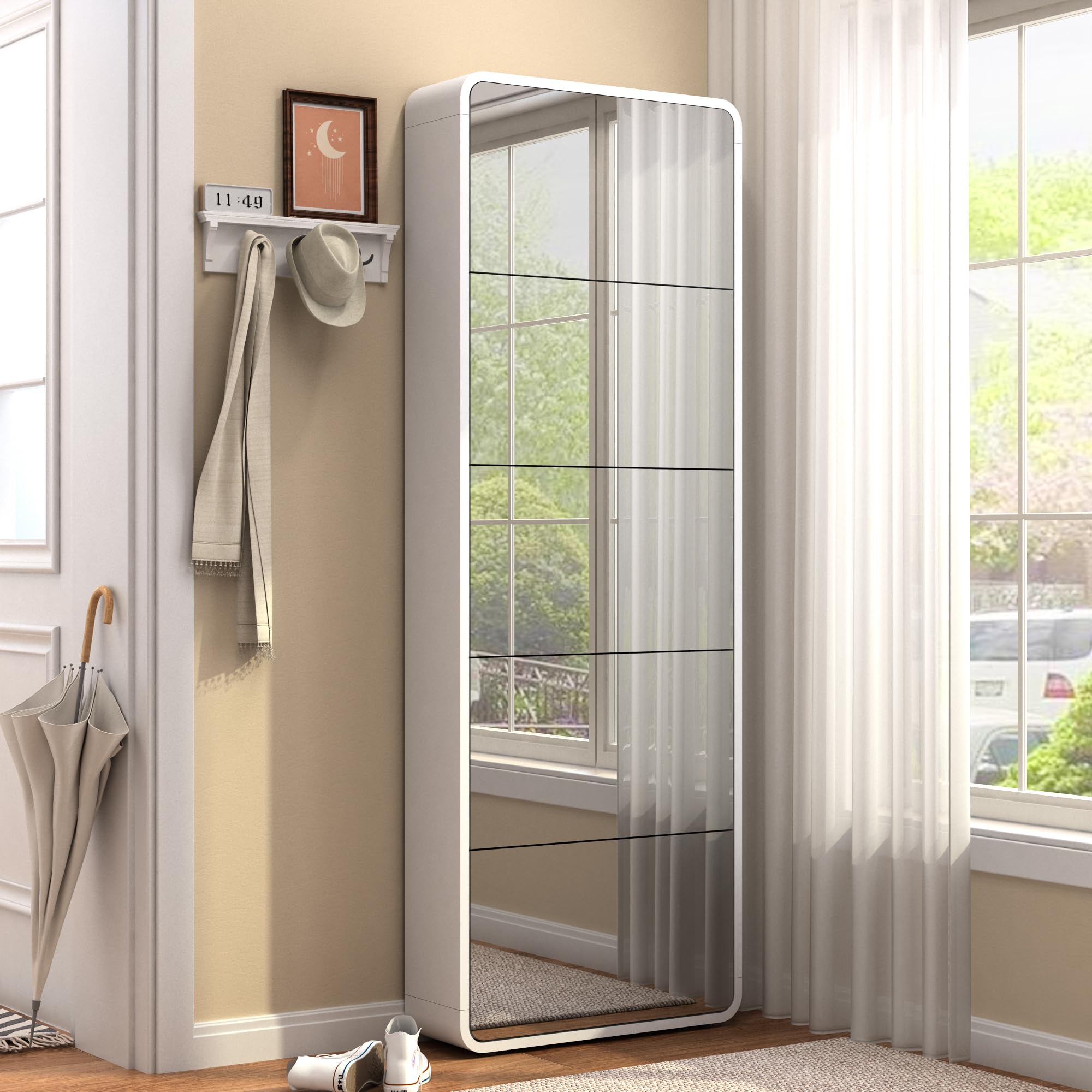 Slim Mirror Shoe Cabinet with Flip Drawers - Freestanding Narrow Shoe Rack Organizer with Full-Length Mirror - White Wooden Entryway Storage for Living Room, Hallway, Closet & Small Apartments - Perfect for Space-Saving Home Organization & Quick Outfit Checks