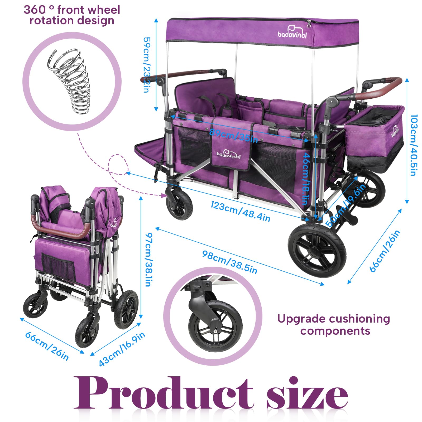 2-in-1 Stroller Wagon for Kids - Double Seat with 5-Point Safety Harness & Adjustable Canopy - Foldable Push-Pull Design for Outdoor Adventures, Shopping, and Family Outings | Perfect for Parks, Camping, and Grocery Trips