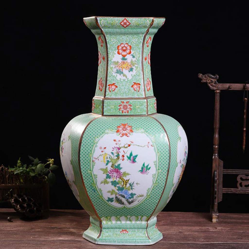 Large Floor Vase - Chinese Bird & Flower Ceramic Vase, Jingdezhen Handcrafted Ginger Jar (49x30cm) - Elegant Home Decor for Living Room, Entryway & Office - Green