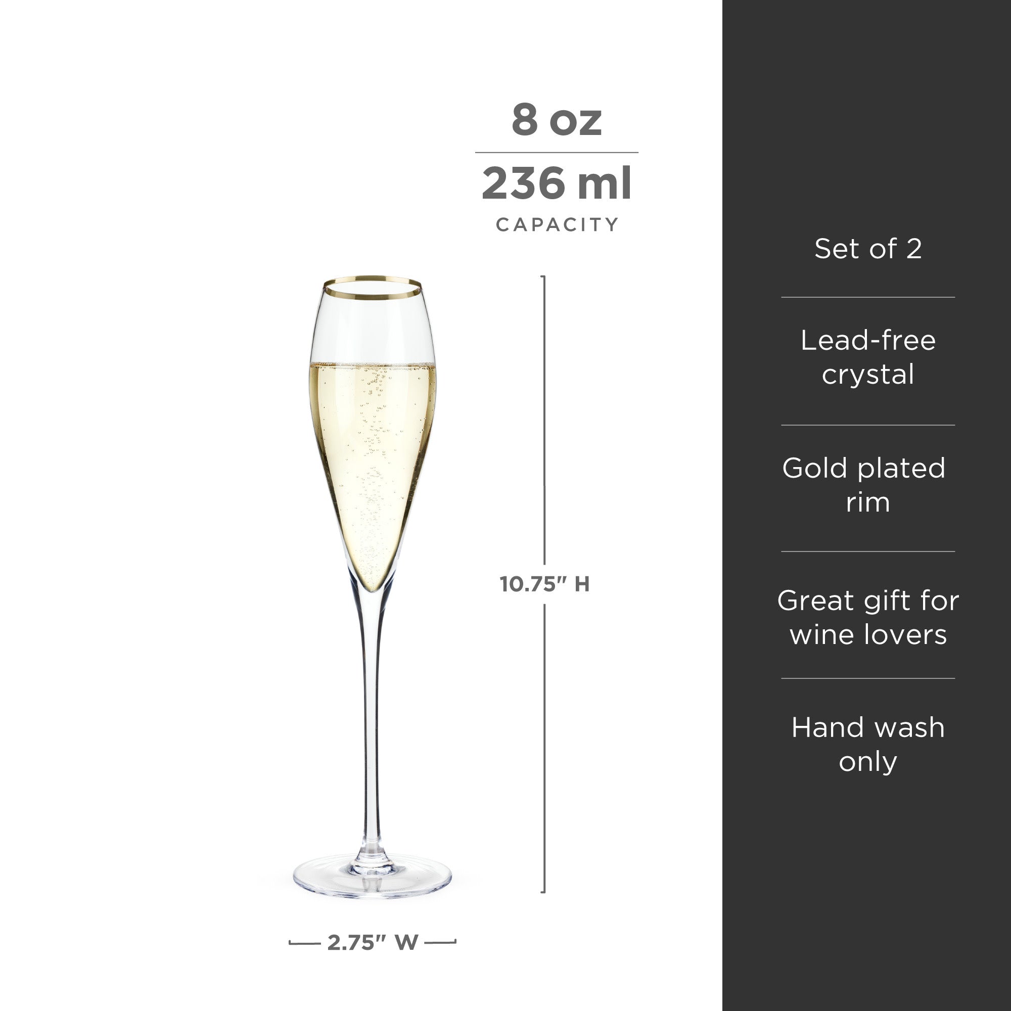 Luxury Gold Rimmed Crystal Champagne Flutes Set of 2 - Elegant Wedding, Anniversary & Party Glassware for Celebrations & Romantic Dinners