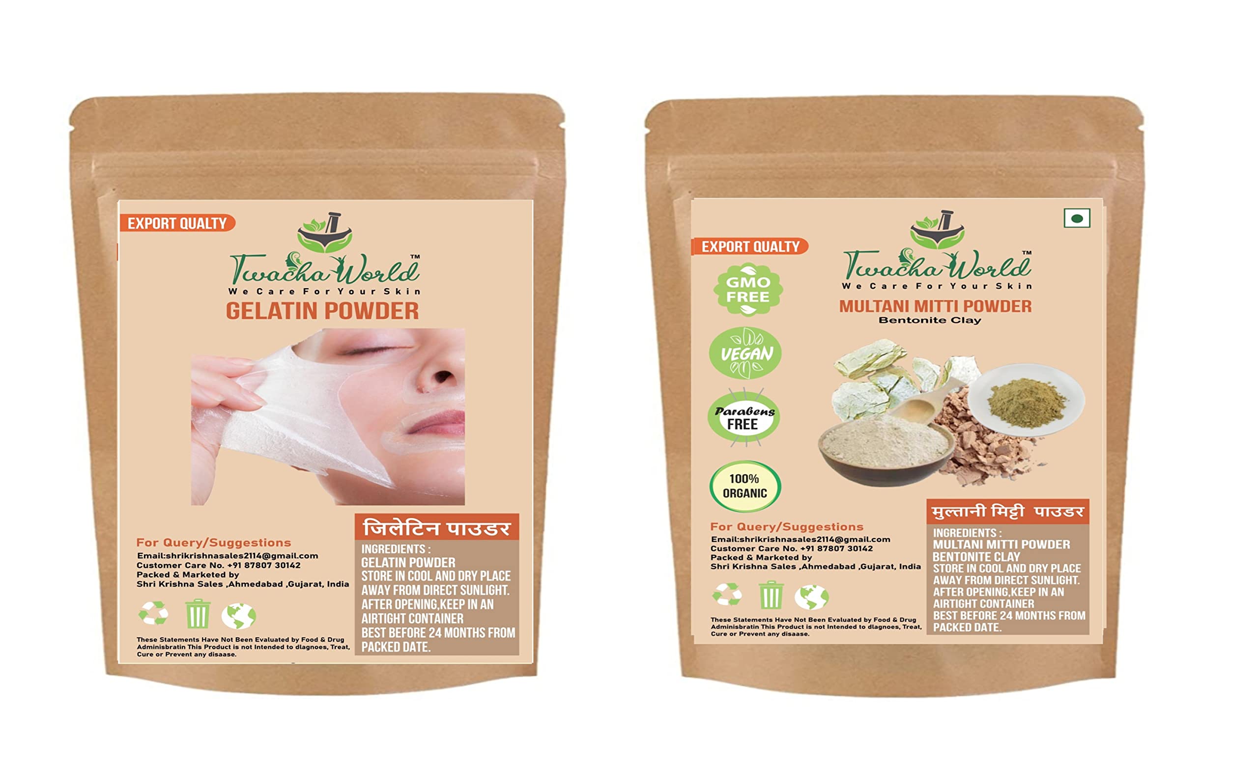 Twacha World Gelatin Powder for Face Mask & Hair Removal - Peel Off Mask for Blackheads & Whiteheads (25g) + Multani Mitti Clay Powder (100g) - DIY Skincare for Glowing Skin & Deep Cleansing