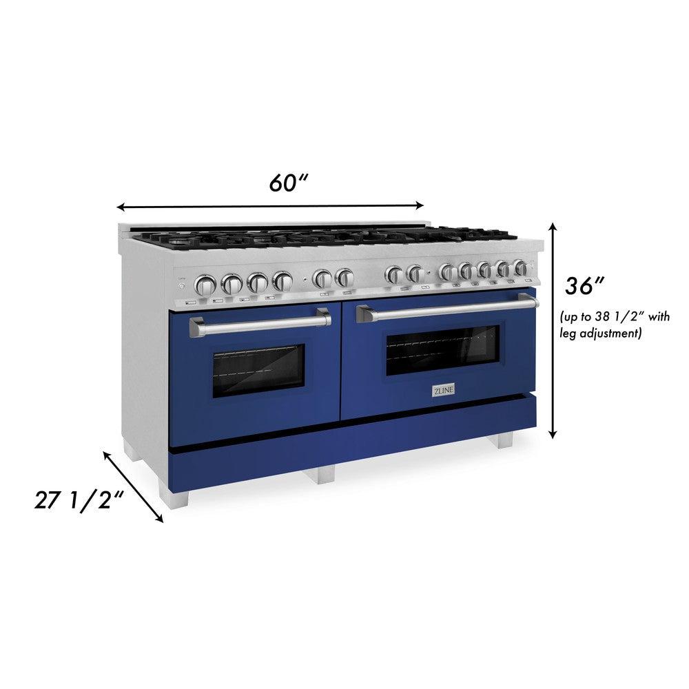 ZLINE 60-Inch 7.4 cu.ft Dual Fuel Range with 9-Burner Gas Cooktop & 2 Electric Convection Ovens - Satin Stainless Steel with Blue Matte Doors (RAS BM 60) for Professional Home Kitchens and Gourmet Cooking
