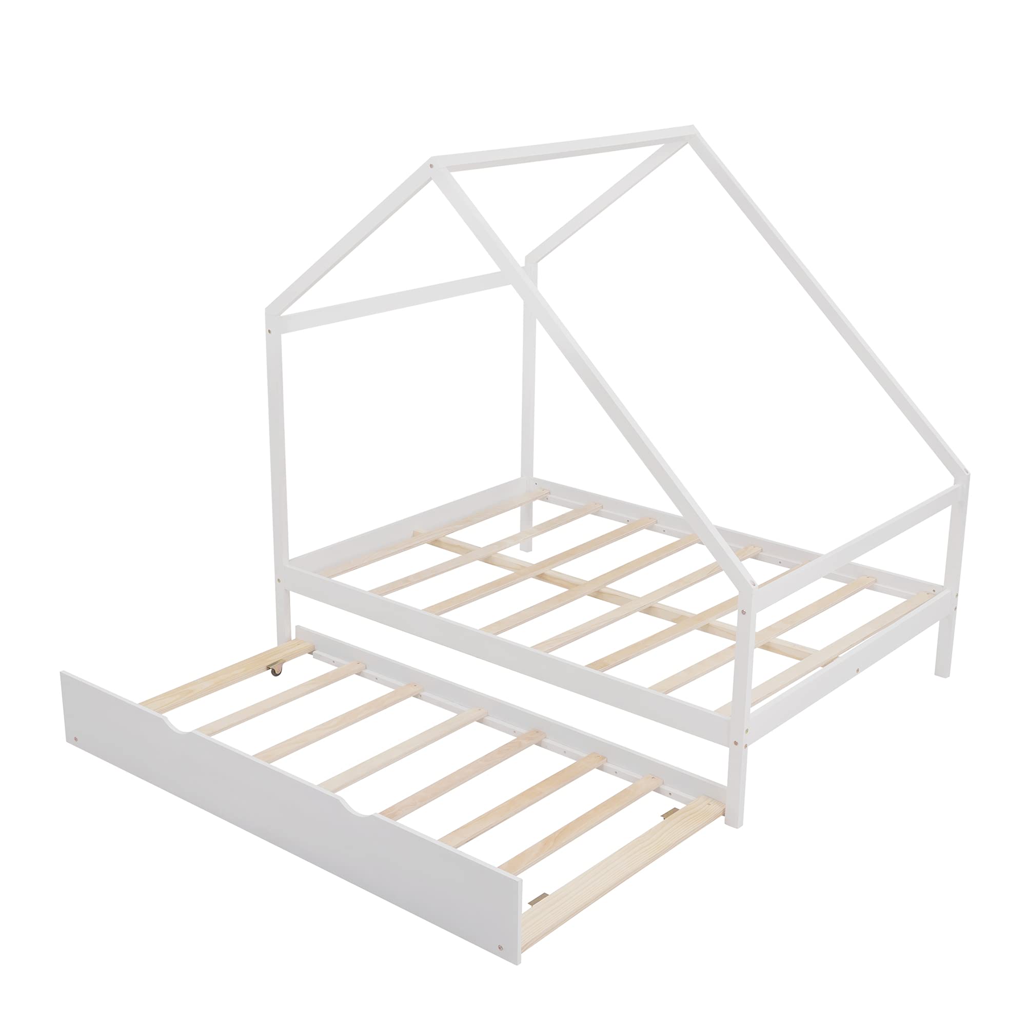 **Solid Wood House Bed Frame - Full Size Daybed with Twin Trundle, Platform Bed with Roof for Kids, Teens & Toddlers - White - Perfect for Bedrooms, Playrooms & Sleepovers**