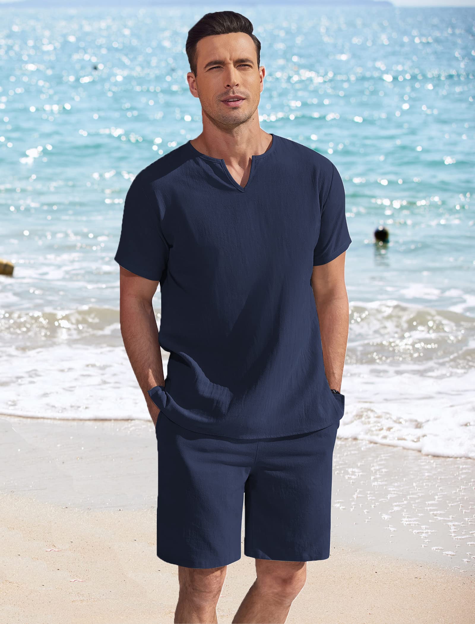 COOFANDY Men's Matching Shirt and Shorts Set - Summer Cotton Linen Lounge Suit | 2-Piece Lightweight Beach Outfit in Navy Blue | Perfect for Casual Wear, Vacation & Outdoor Activities