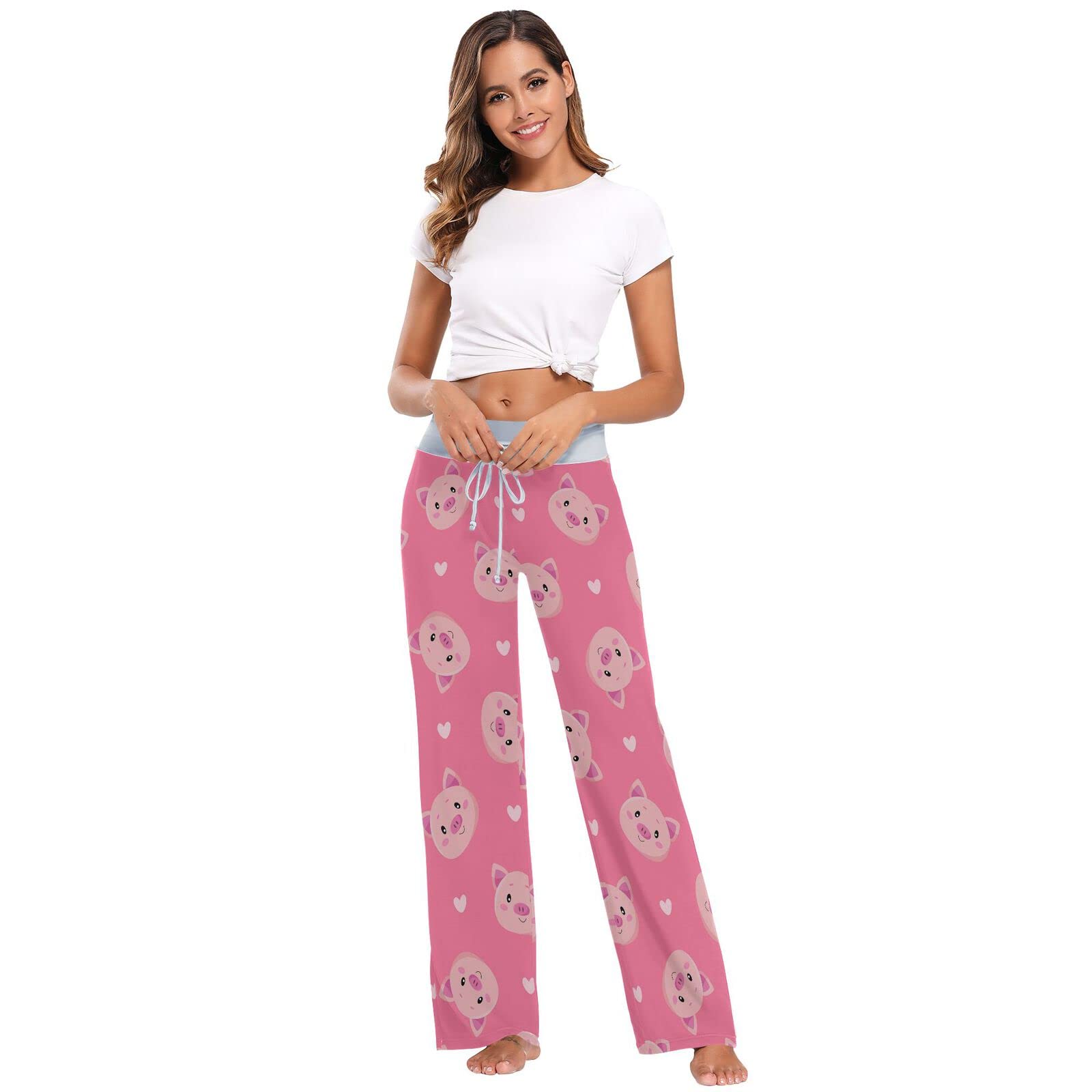 Stylish Pink Cartoon Pig Print Wide Leg Pajama Pants for Women - Soft Lounge Sleepwear & Comfortable Loungewear for Home, Sleepovers and Relaxation