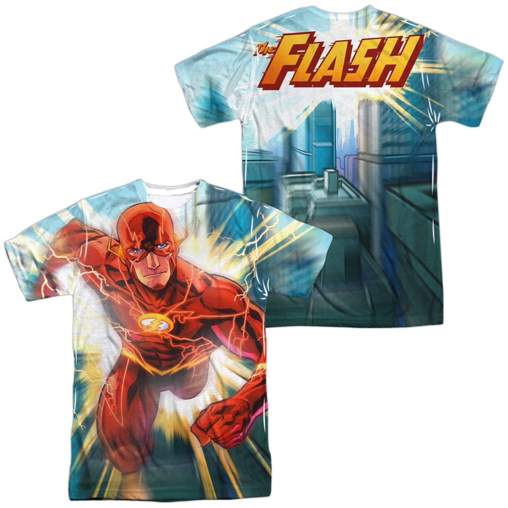 Justice League Faster Than Lightning Unisex Adult Sublimated Halloween Costume T-Shirt - Front & Back Graphic - Superhero Cosplay, Comic Con, Halloween Party Outfit