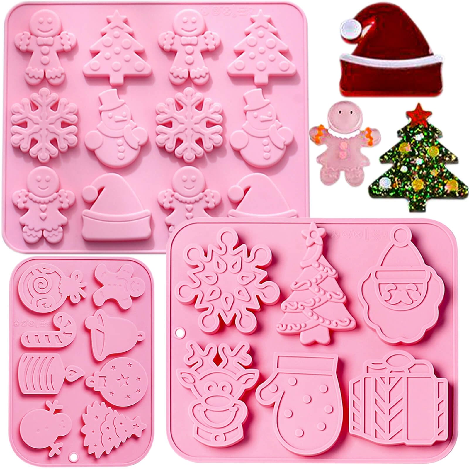 3PCS Christmas Silicone Baking Molds Set - Tree, Snowman & Snowflake Cookie, Chocolate, Candy, Wax Melt Molds for Holiday Baking & DIY Crafts - Perfect for Christmas Cookies, Gingerbread, Gummy Treats & Festive Decorations (Pink)