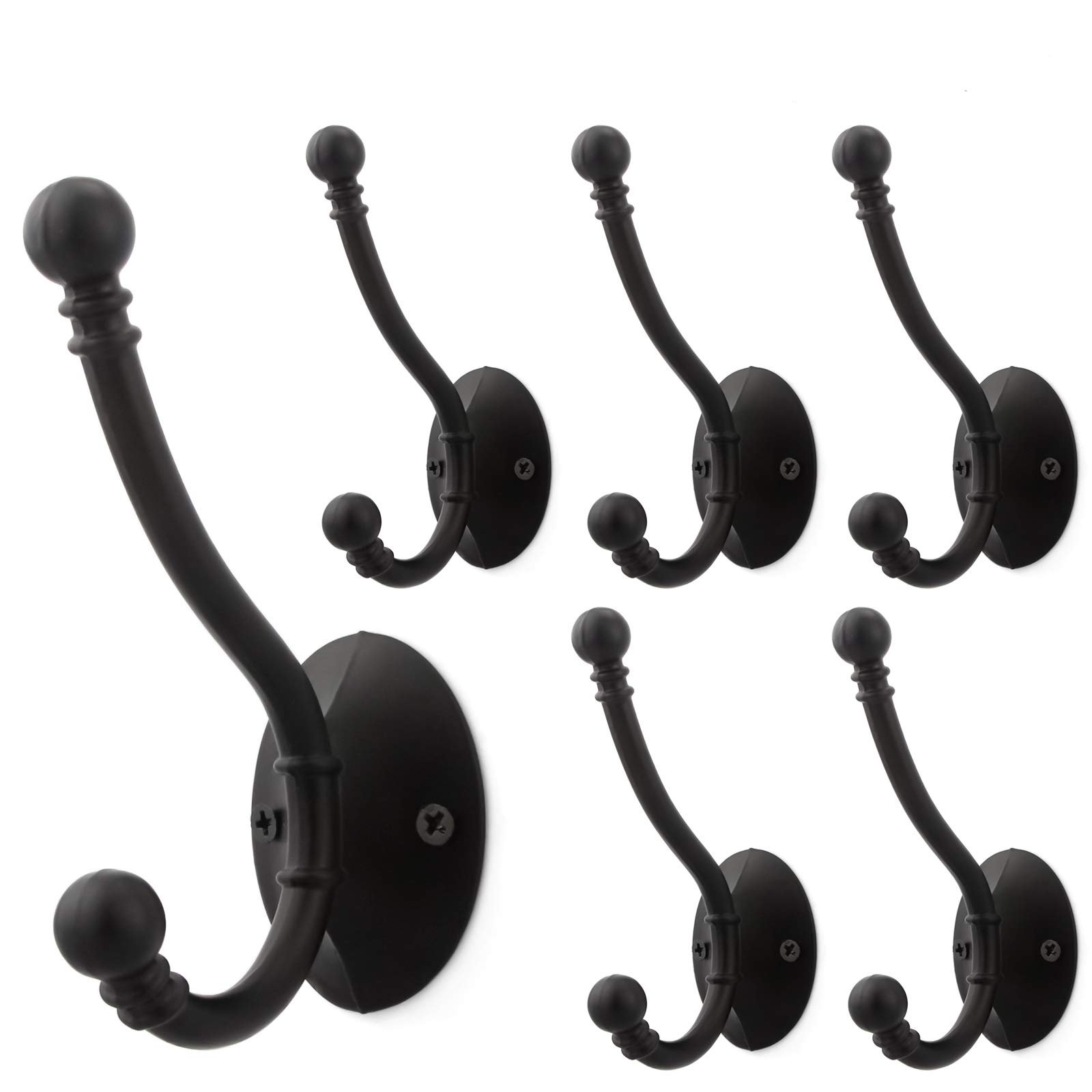 6-Pack Heavy Duty Double Prong Wall Hooks - 3.75 Inch Retro Coat & Hat Hangers with Ball Ends, Flat Black Finish (Includes Screws) - Perfect for Entryway, Mudroom, Closet & Bathroom Organization
