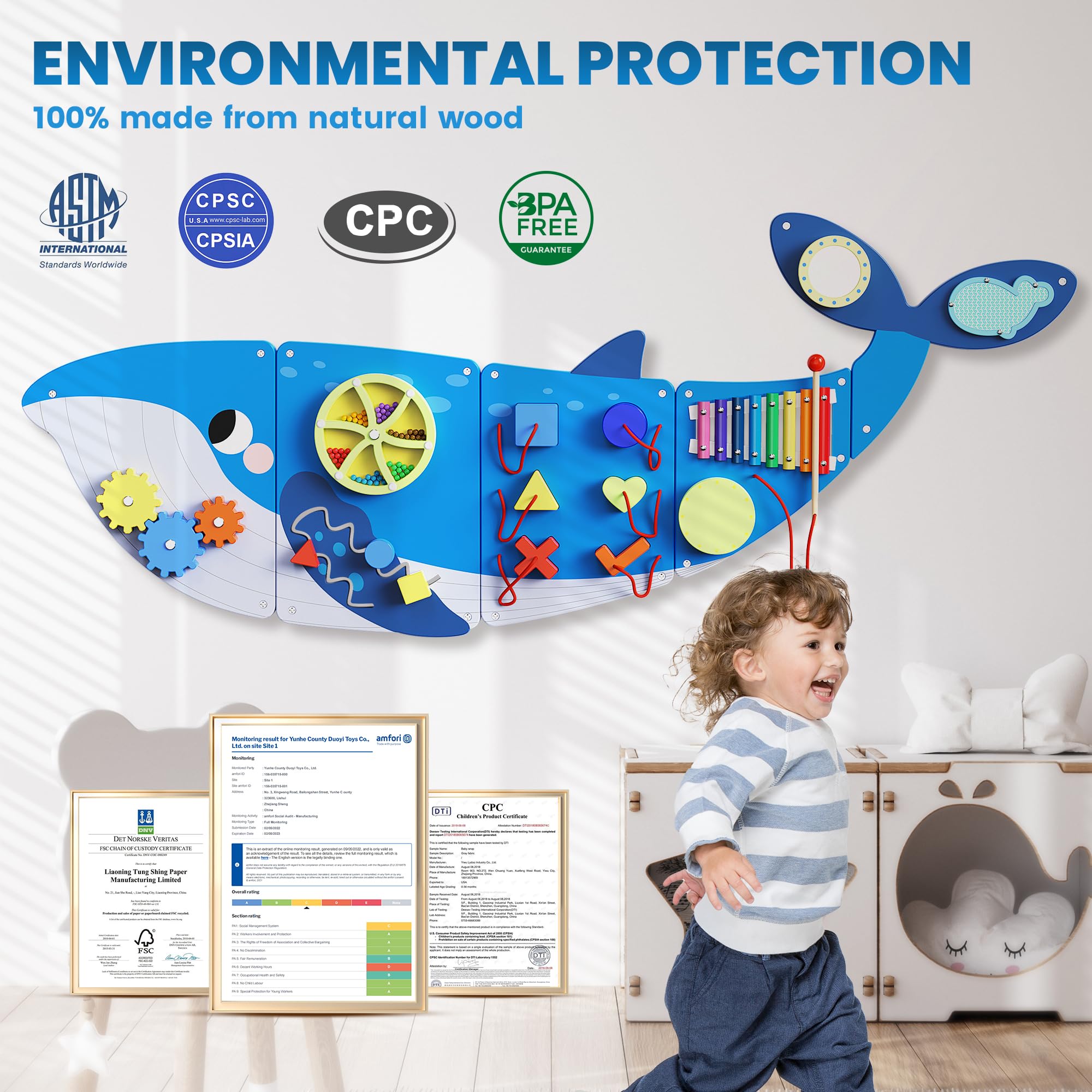 BlueWood Whale Wall Busy Board - Montessori Sensory Activity Center for Toddlers | Educational Learning Toy for Fine Motor Skills & Cognitive Development | Perfect for Daycare, Preschool & Home Playrooms