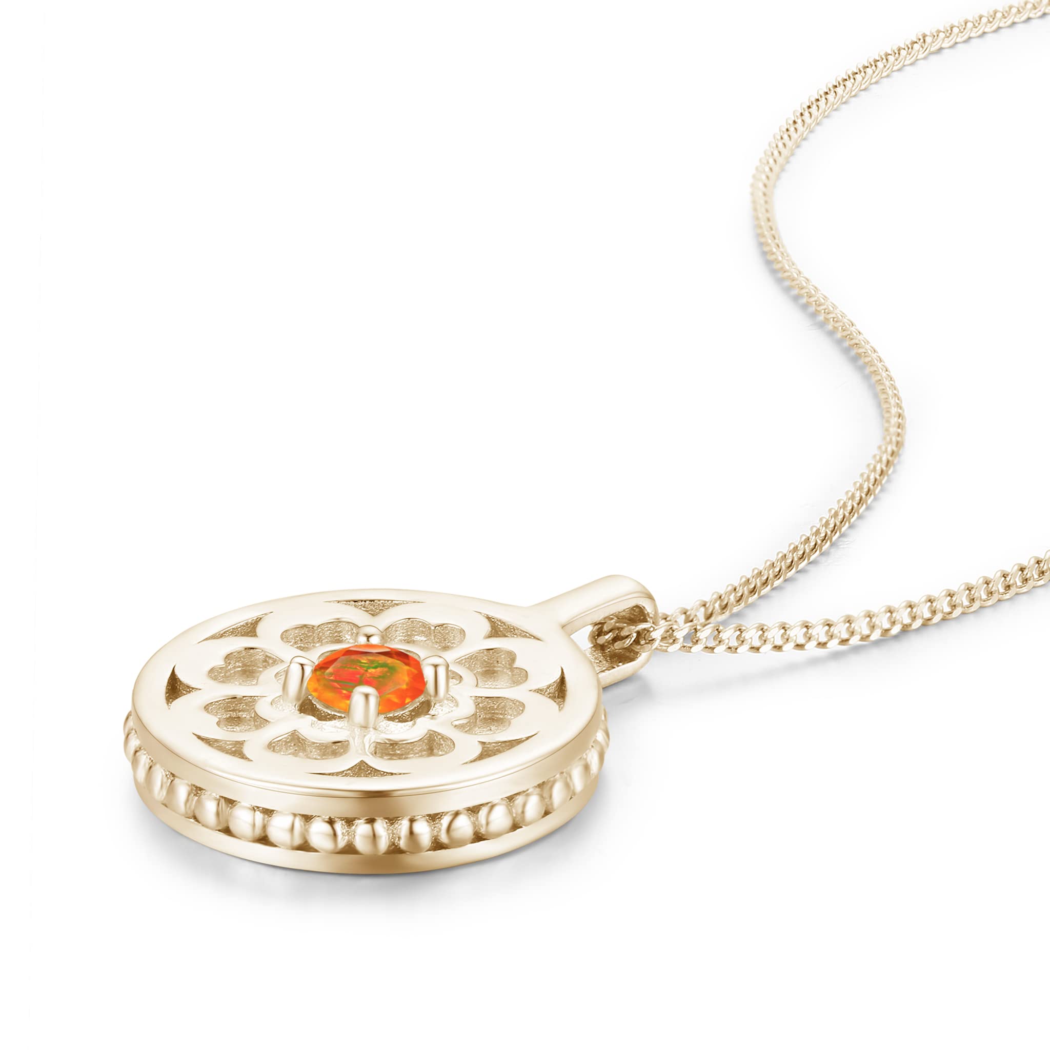 Orange Fire Opal Coin Necklace Pendant - Personalized Custom Initial Engraved Medallion - Alternative October Birthstone Jewelry for Women - Perfect Gift for Birthday, Anniversary & Special Occasions