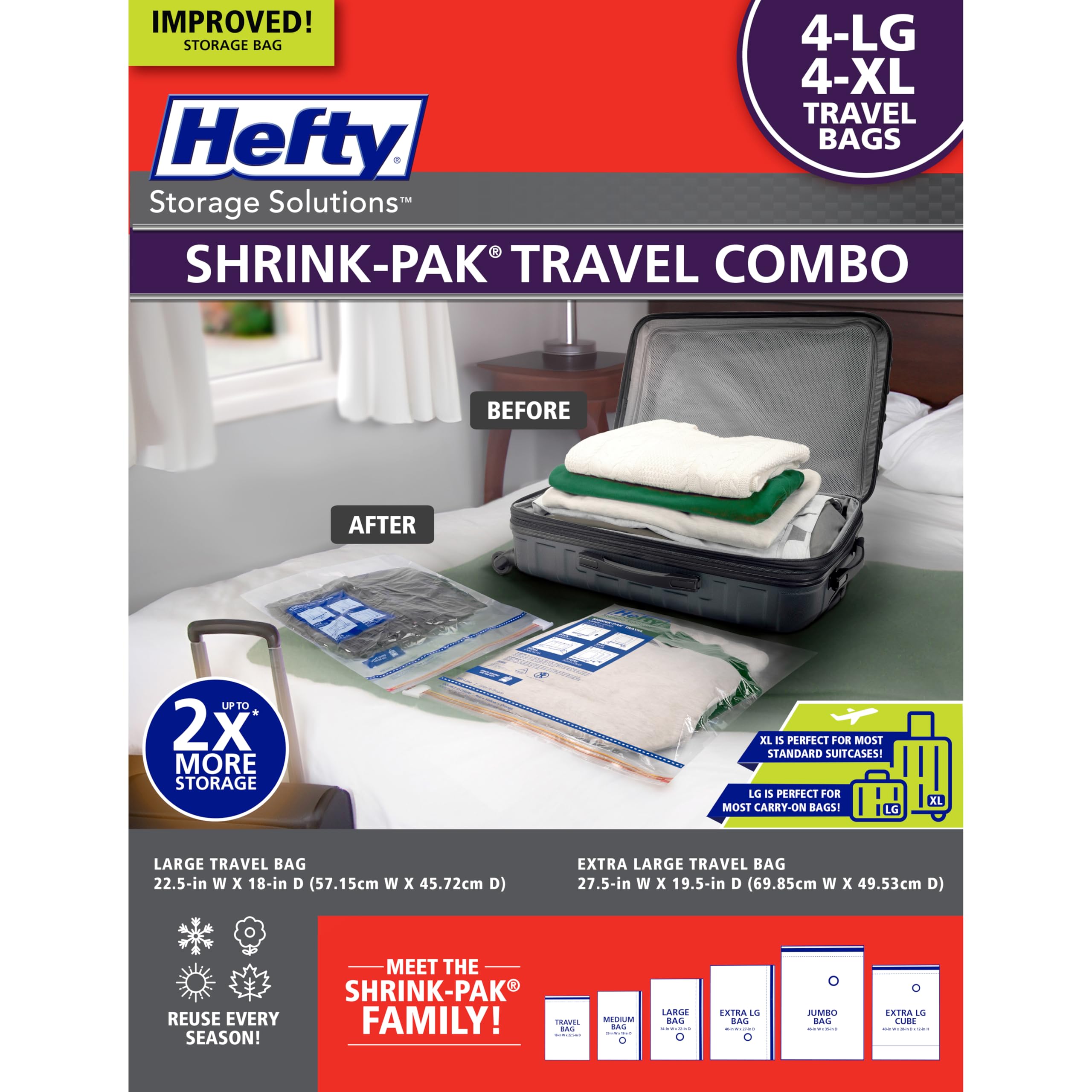 Hefty Shrink-Pak Travel Vacuum Storage Bags - 4 Large (22.5x18 Inches) & 4 XL (27.5x19.5 Inches) Space Saver Bags for Clothes, Pillows, Blankets - Suction Sealer for Luggage, Moving & Home Organization - Perfect for Travel, Storage & Closet Organization