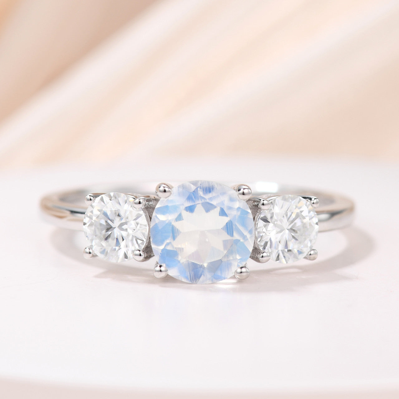 14K/18K Gold Moonstone & Moissanite Three Stone Engagement Ring - Elegant Wedding Jewelry for Brides & Proposals