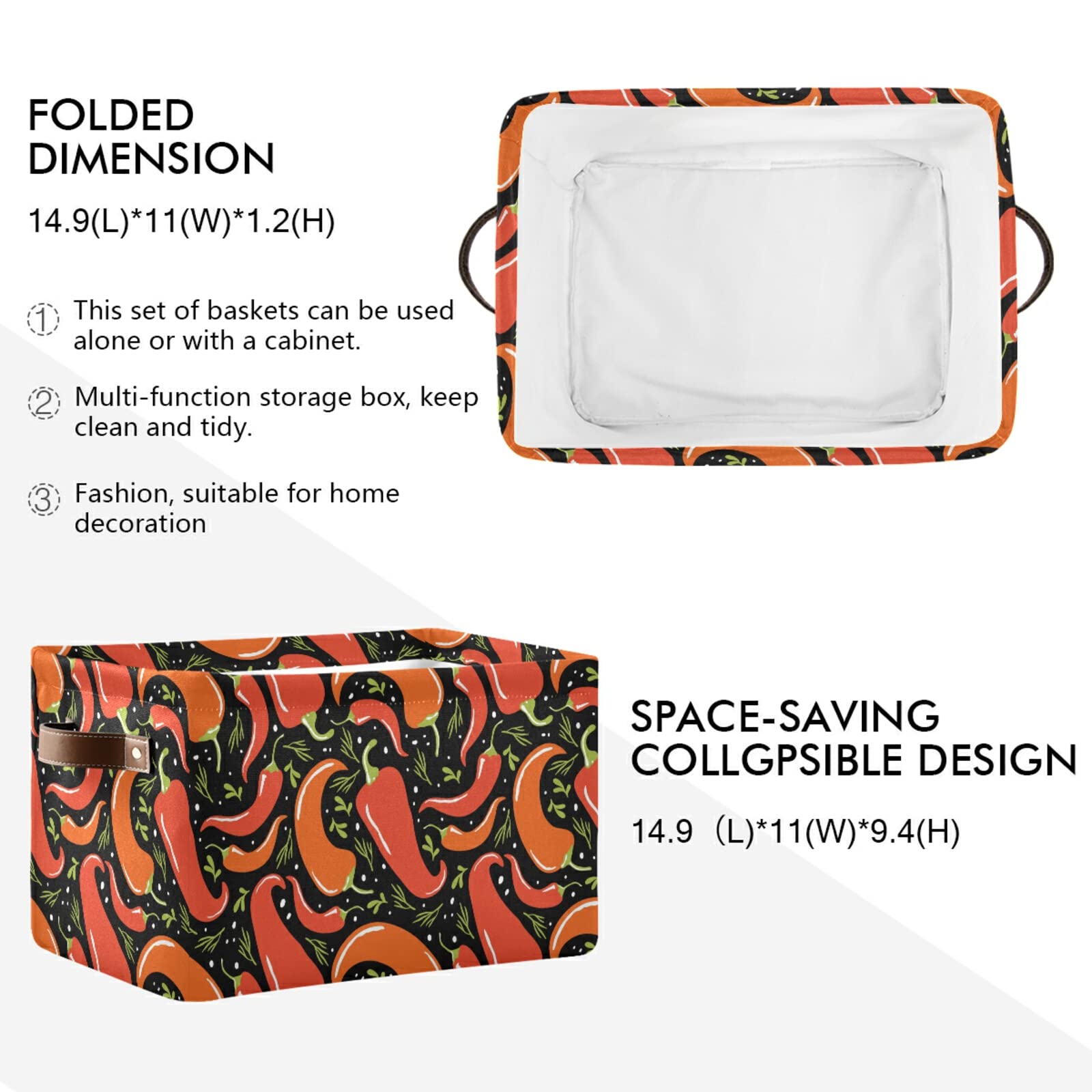 Susiyo Large Foldable Storage Bin - Collapsible Fabric Basket with PU Handles for Home Organization (Chili Mexican Pepper Design) - Perfect for Shelves, Closet, Bedroom & Living Room Storage - 1 Pack
