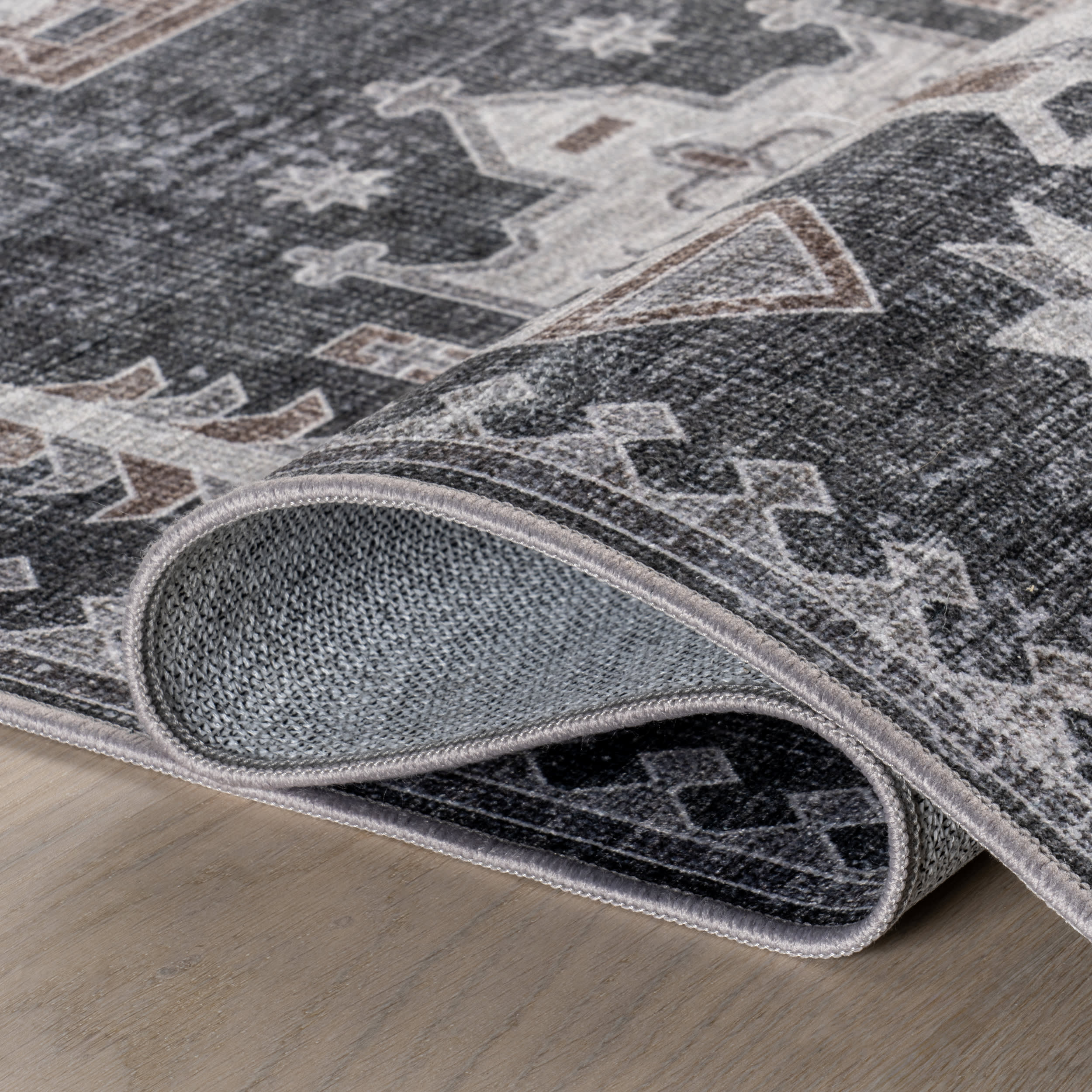 Brenda Hazy Heraldry Spill Proof Washable Rug - Dark Grey Non-Slip Area Rug for Living Room, Bedroom & Kitchen | Easy Clean Pet Friendly Home Decor