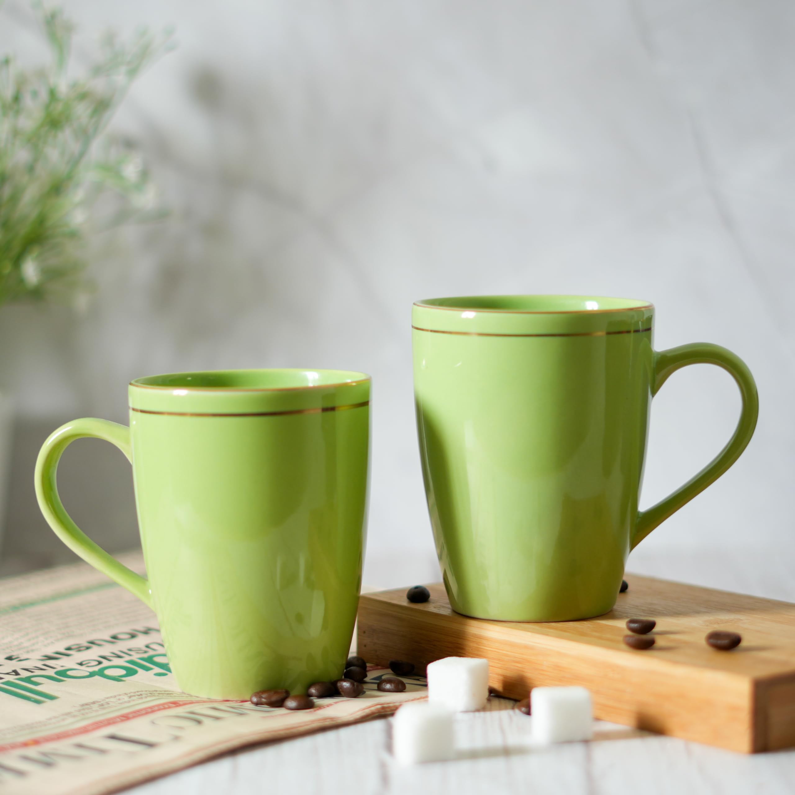 Premium Ceramic Coffee Mug Set of 2 - 12oz Stackable Chip-Resistant Tea Cups with Gold Accents, Large Handle for Comfort (Green) - Perfect for Home, Office, Gifts & Coffee Shops