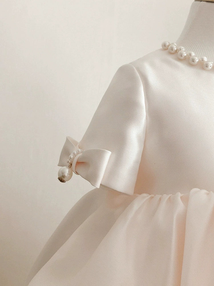 White Princess Round Tea Length Satin Flower Girl Dress for Weddings & Special Occasions - Perfect for Bridal Parties, First Communion & Formal Events