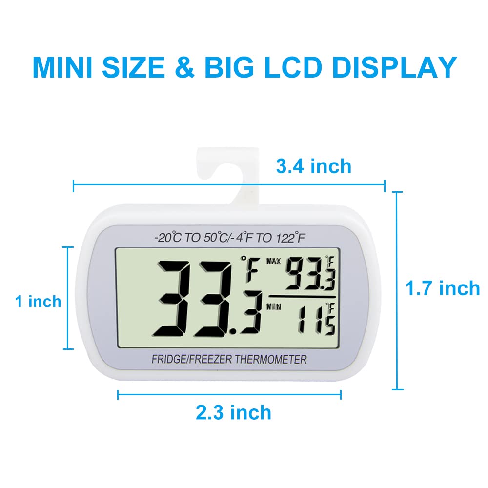 Waterproof Digital Refrigerator Freezer Thermometer with Max/Min Record, Large LCD Screen & Magnetic Back - 2 Pack for Kitchen, Home, Restaurant Use (Ideal for Food Storage Monitoring & Commercial Fridges)