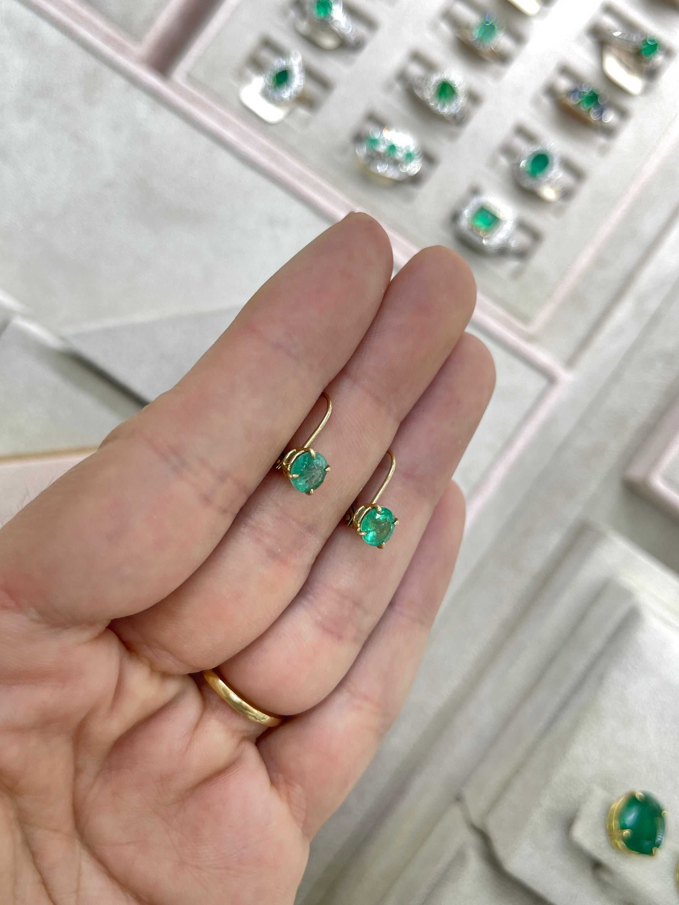 1.50tcw Round Emerald Lever Back Earrings 14K Gold - Elegant Dangle Earrings for Women, Perfect for Weddings, Parties & Special Occasions
