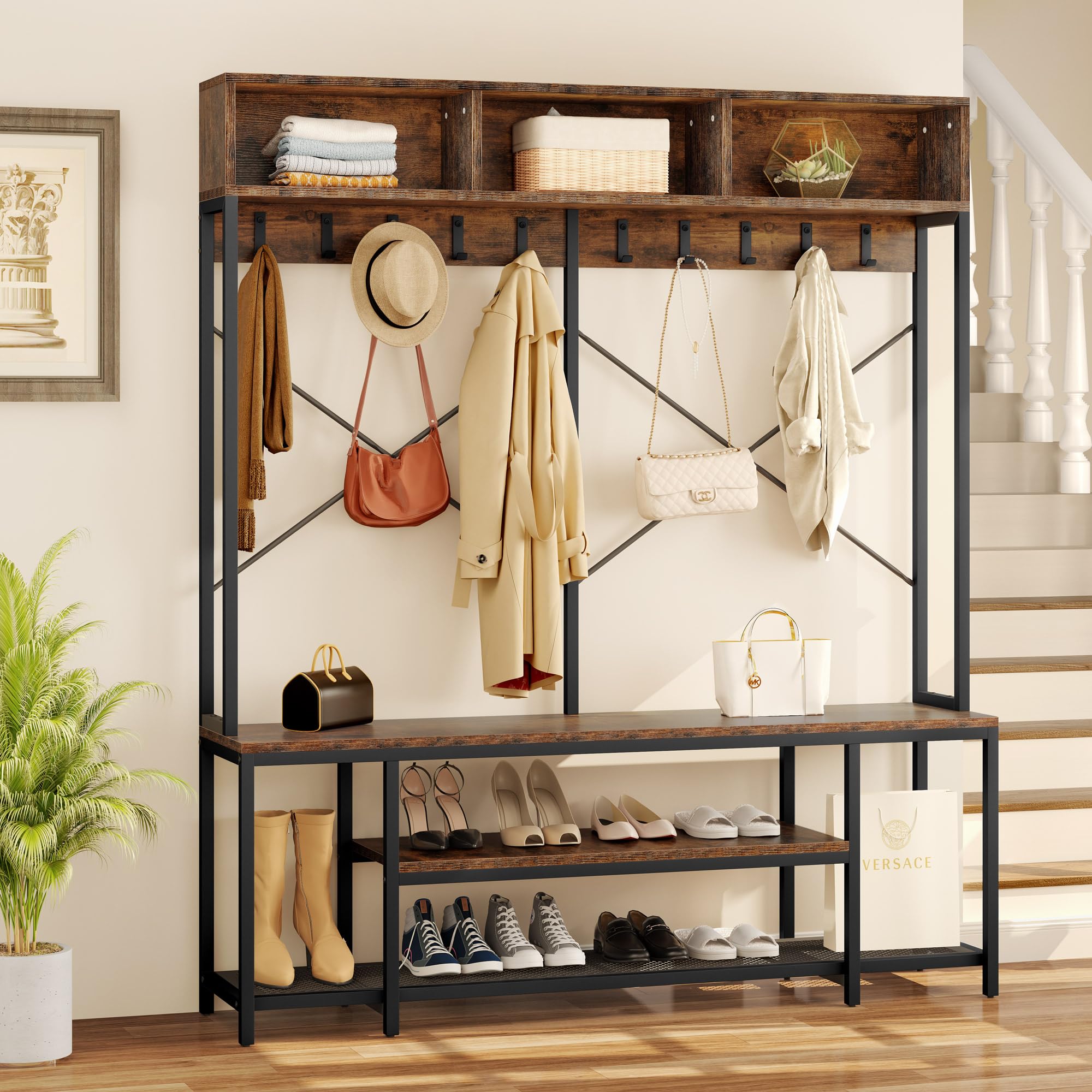 YITAHOME 5-in-1 Industrial Entryway Bench with Coat Rack & Shoe Storage - Freestanding Hall Tree Organizer with 10 Hooks & Shelves - Rustic Brown Wooden Shoe Bench for Hallway, Bedroom, Mudroom - Perfect for Small Spaces & Home Organization