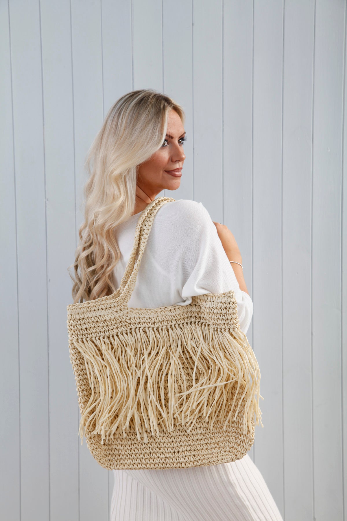 Hand Woven Raffia Bag Cream - Natural Straw Tote Beach Bag for Women, Summer Vacation, Shopping & Outdoor Activities