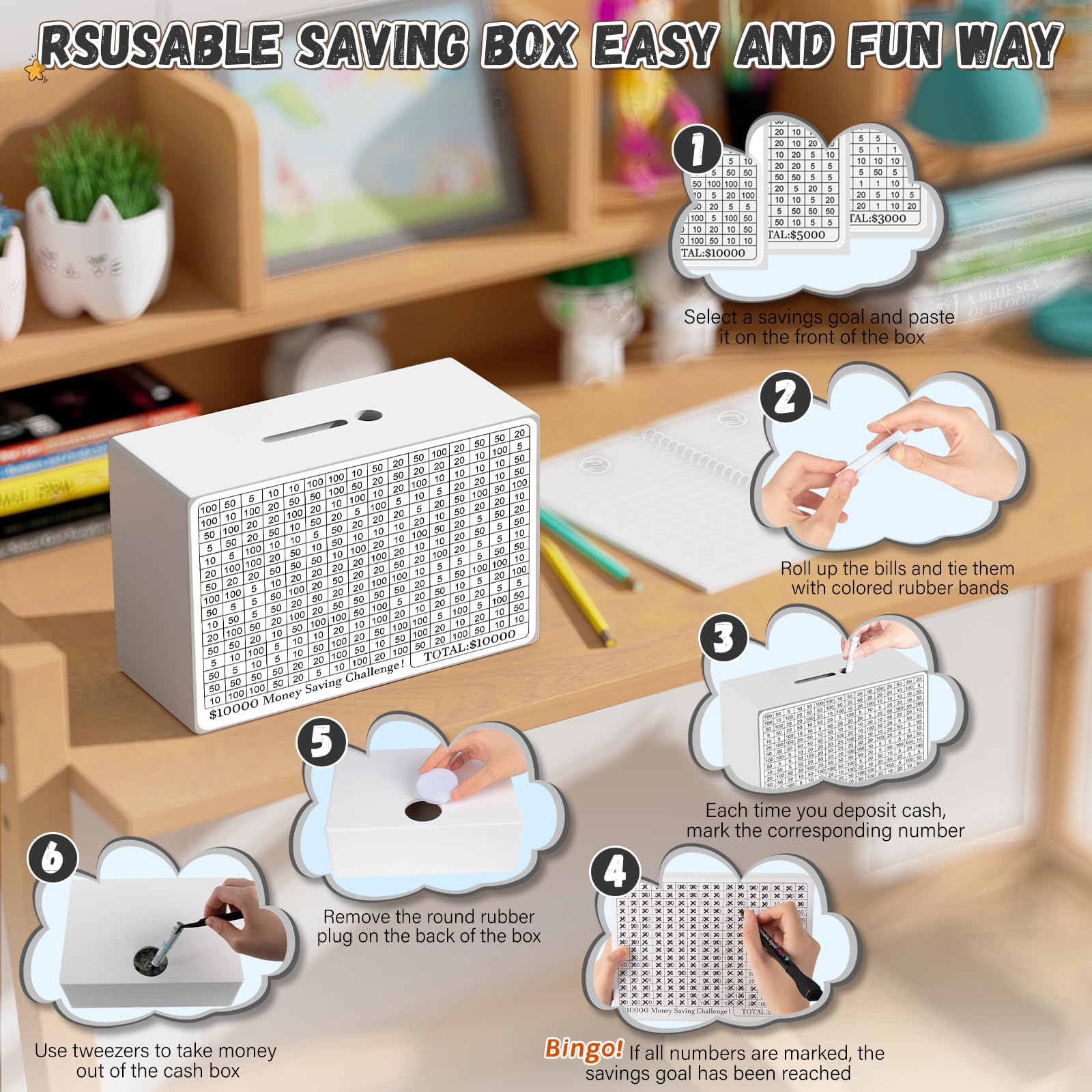 Wooden Money Saving Box with Counting Target ($10000/$5000/$3000) - White - Perfect for Budgeting, Cash Savings & Financial Goals at Home or Office