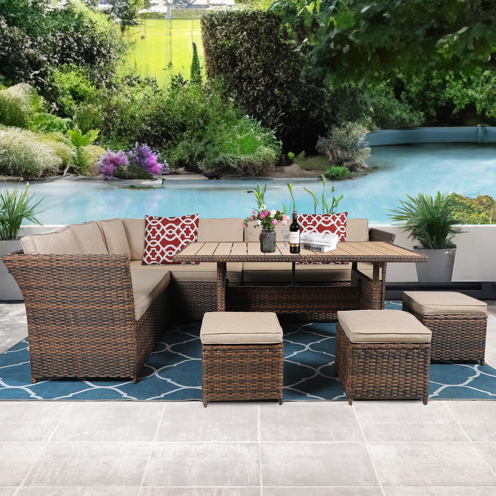 VIVIJASON 7-Piece All-Weather Wicker Patio Furniture Set - Outdoor Sectional Sofa with Ottoman, Garden Dining Table & Chairs, Brown Rattan Conversation Set for Backyard, Poolside & Terrace Relaxation