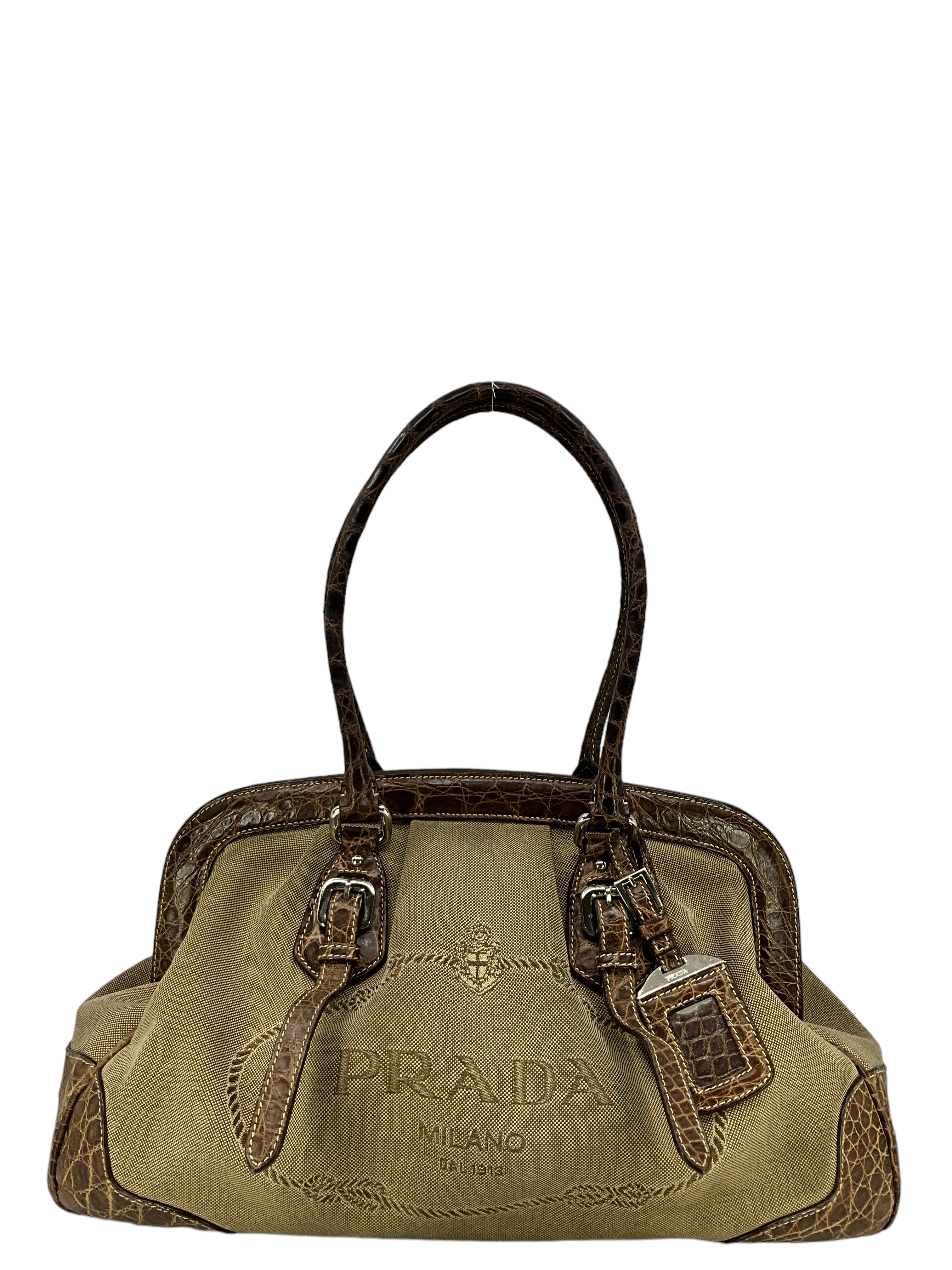 Prada Handbag for Women - Brown Crocodile Leather & Canvas Designer Shoulder Bag | Luxury Fashion Accessory for Work, Party & Everyday Use