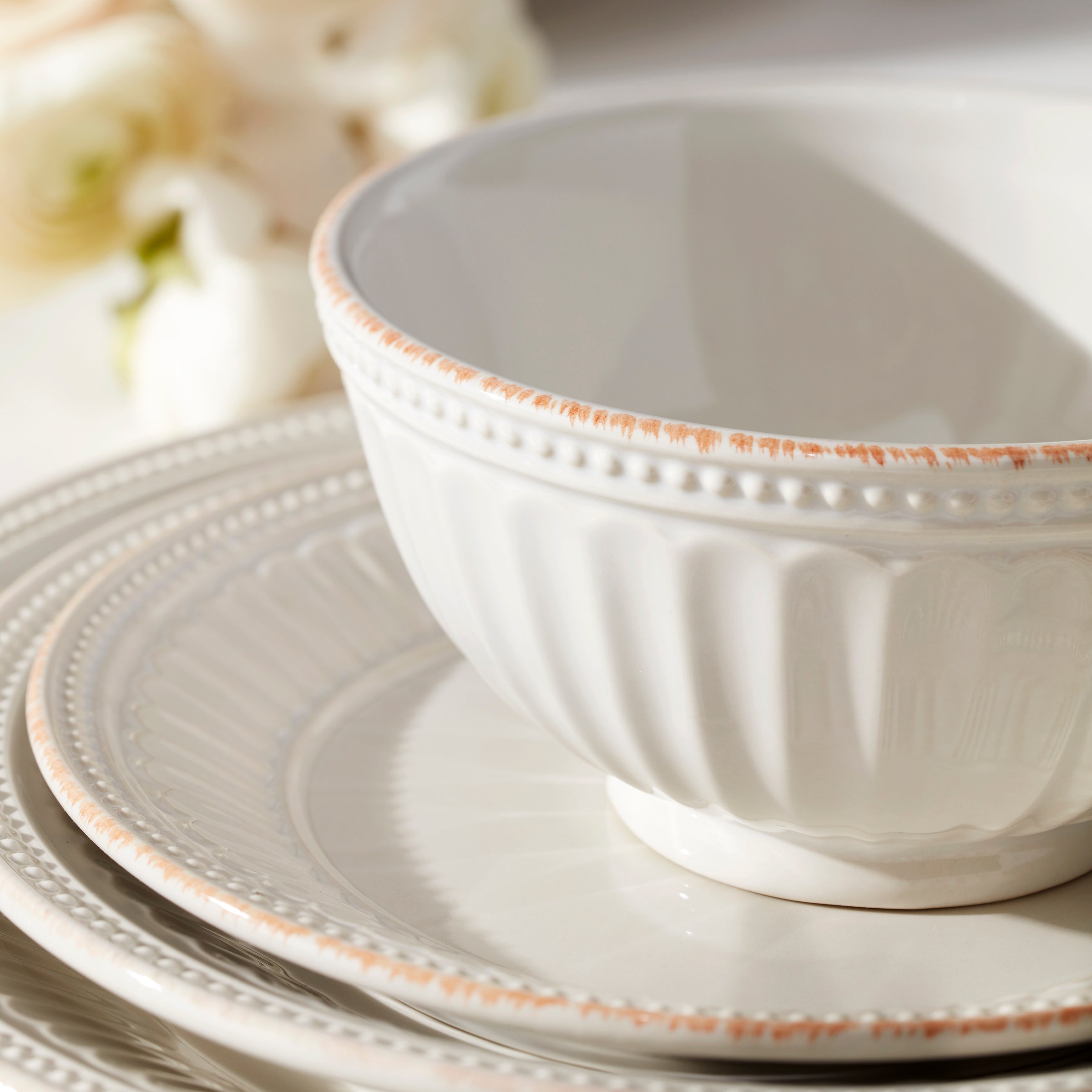 French Pearl Groove 12-Piece Dinnerware Set - Elegant Tableware for Formal Dining, Dinner Parties & Special Occasions