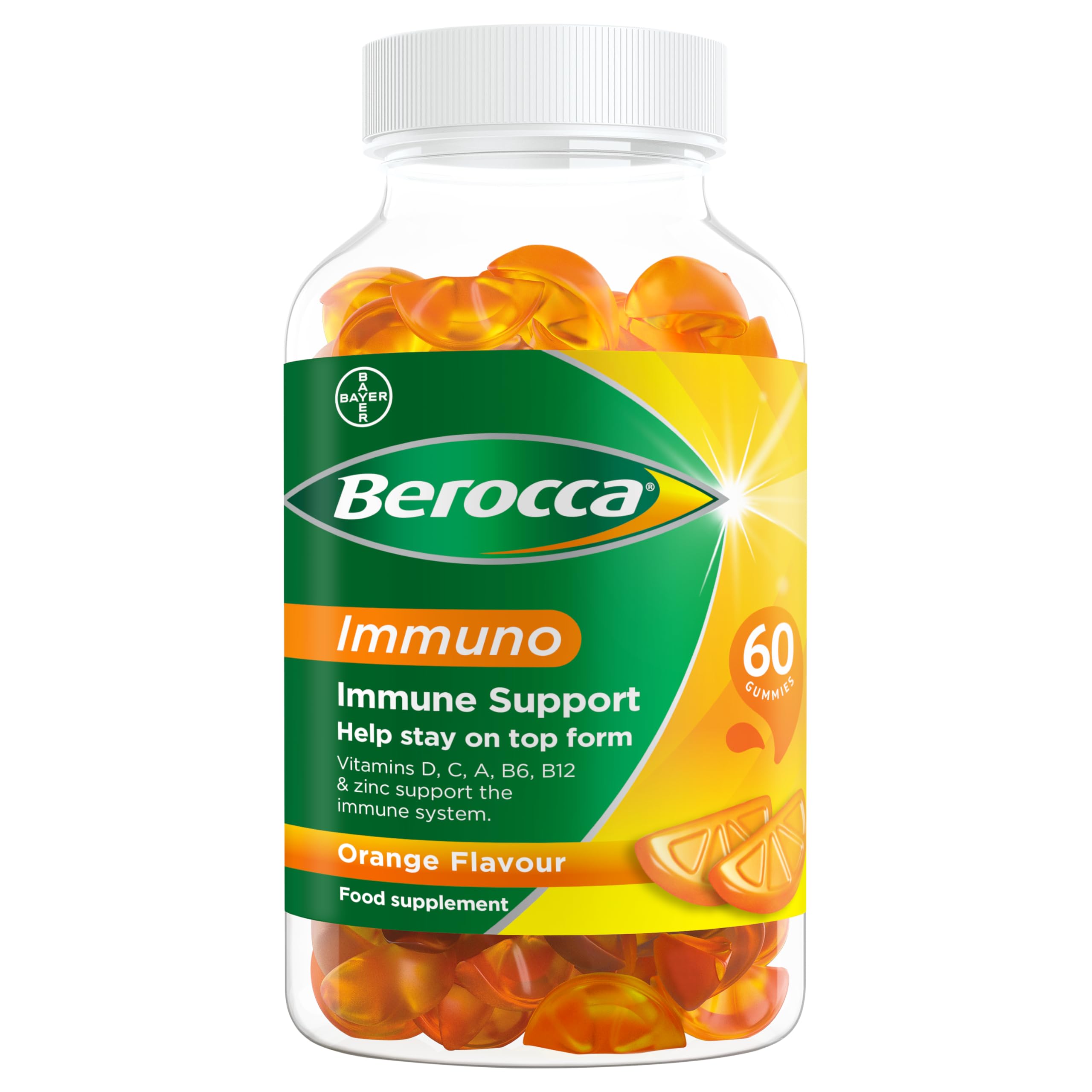 Berocca Immuno 60 Gummies - Orange Flavor Vitamin C & Zinc Supplement for Immune Support - Perfect for Daily Wellness & Travel Protection