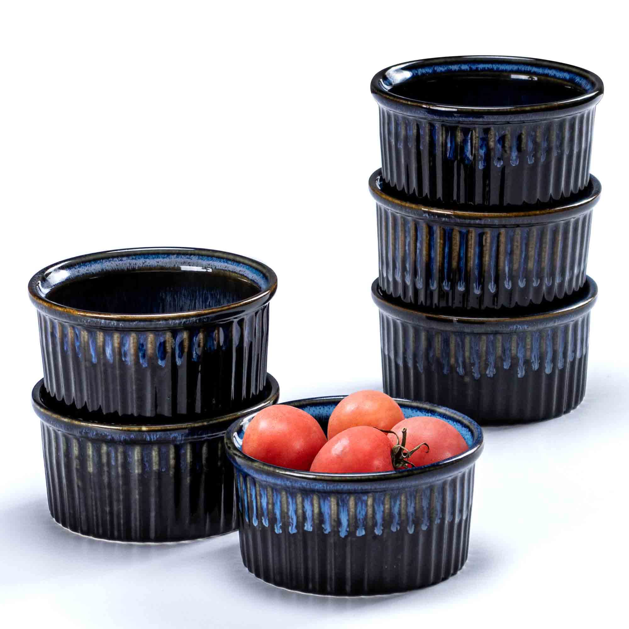 6-Pack Ceramic Ramekins 5 oz Oven Safe - Porcelain Souffle Dishes for Baking Creme Brulee, Desserts & Puddings - Stackable Reactive Glaze Bowls (Space Blue) - Perfect for Home Baking, Restaurant Use & Party Serving