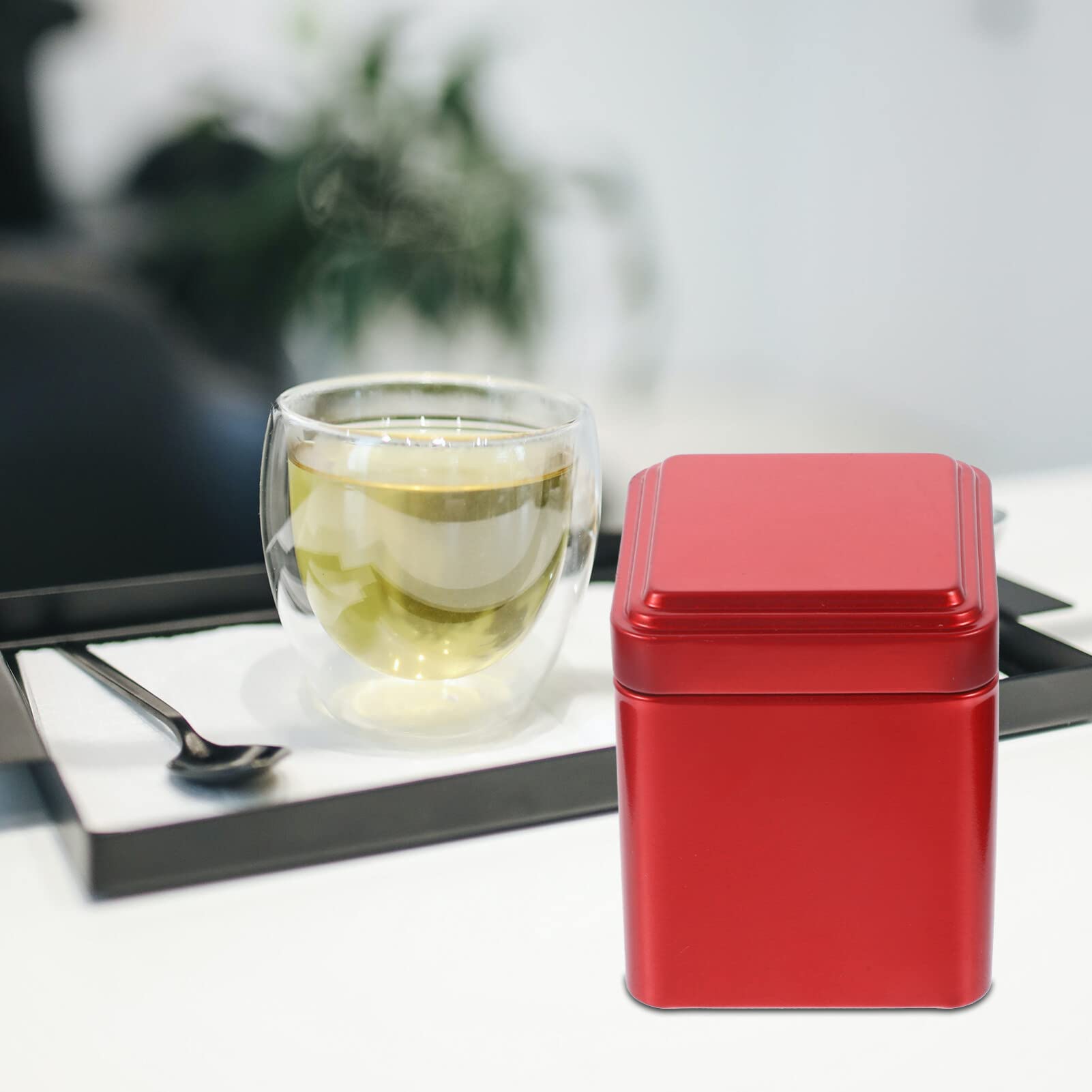 STOBAZA 4-Piece Tin Tea Storage Box Set - Red Loose Leaf Tea Organizer & Tea Bag Holder for Kitchen, Office, or Gift (Tea Caddy, Tea Buffet)