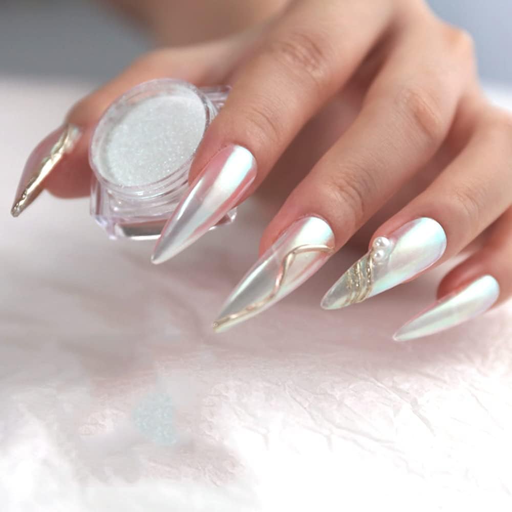 INOG White Pearl Chrome Nail Powder - Mirror Effect Metallic Nail Powder with Magic Moonlight Iridescent Pigment | Professional Salon & DIY Manicure | Perfect for Nail Art, Acrylics & Gel Polish Designs (Pack of 1)