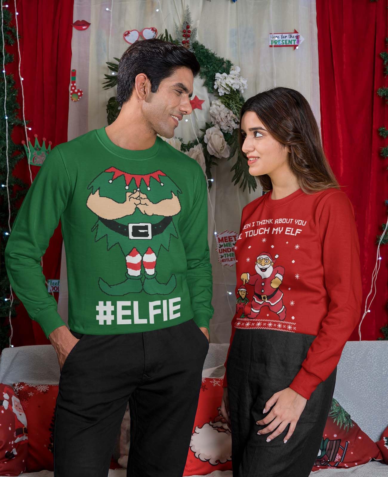 Tstars Elf Matching Couples Ugly Christmas Sweater - Funny His & Hers Holiday Sweatshirts for Men & Women - Perfect for Christmas Parties & Family Photos