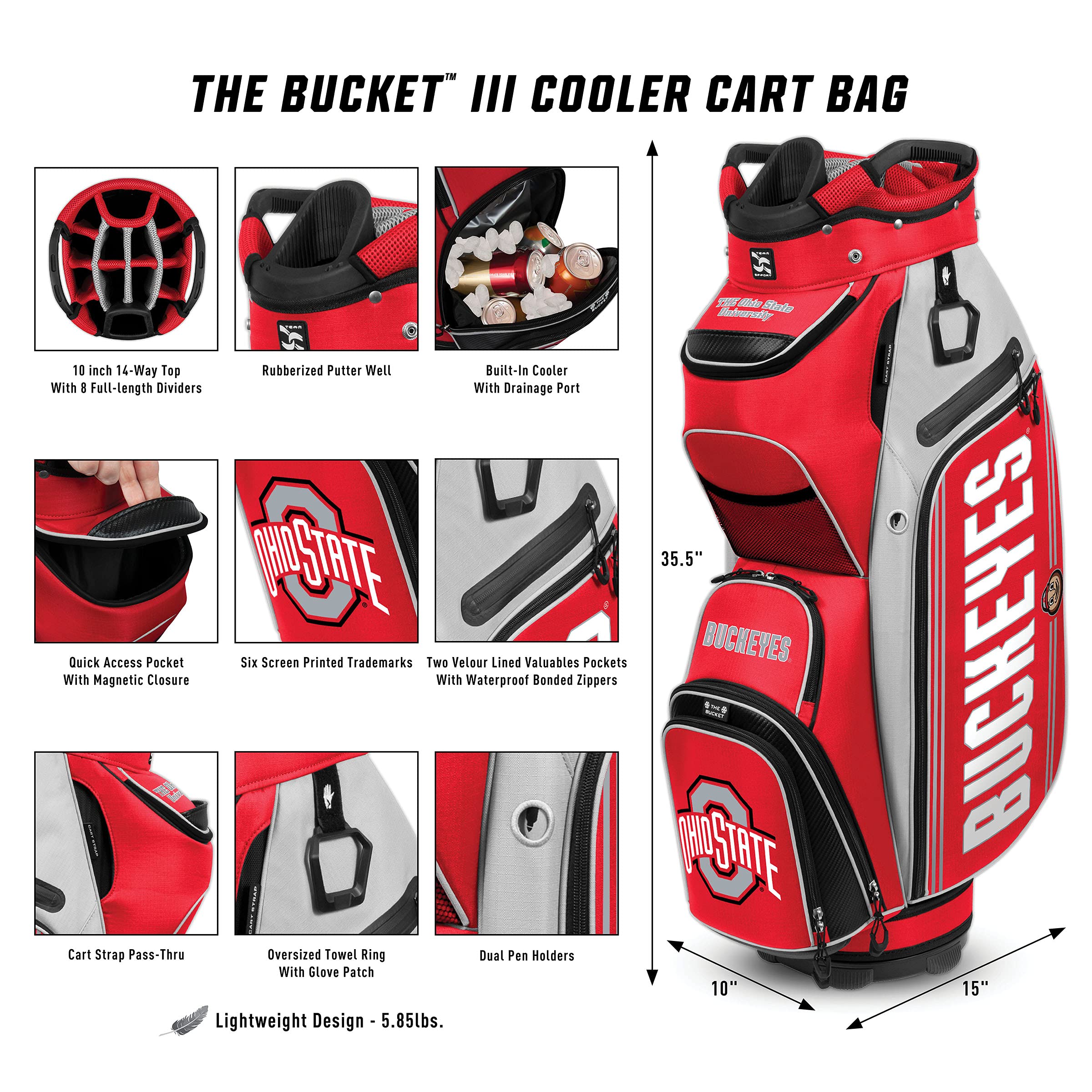 Team Effort NCAA The Bucket III Cooler Cart Golf Bag - Insulated Beverage & Golf Storage for Tailgates, Camping & Course Outings