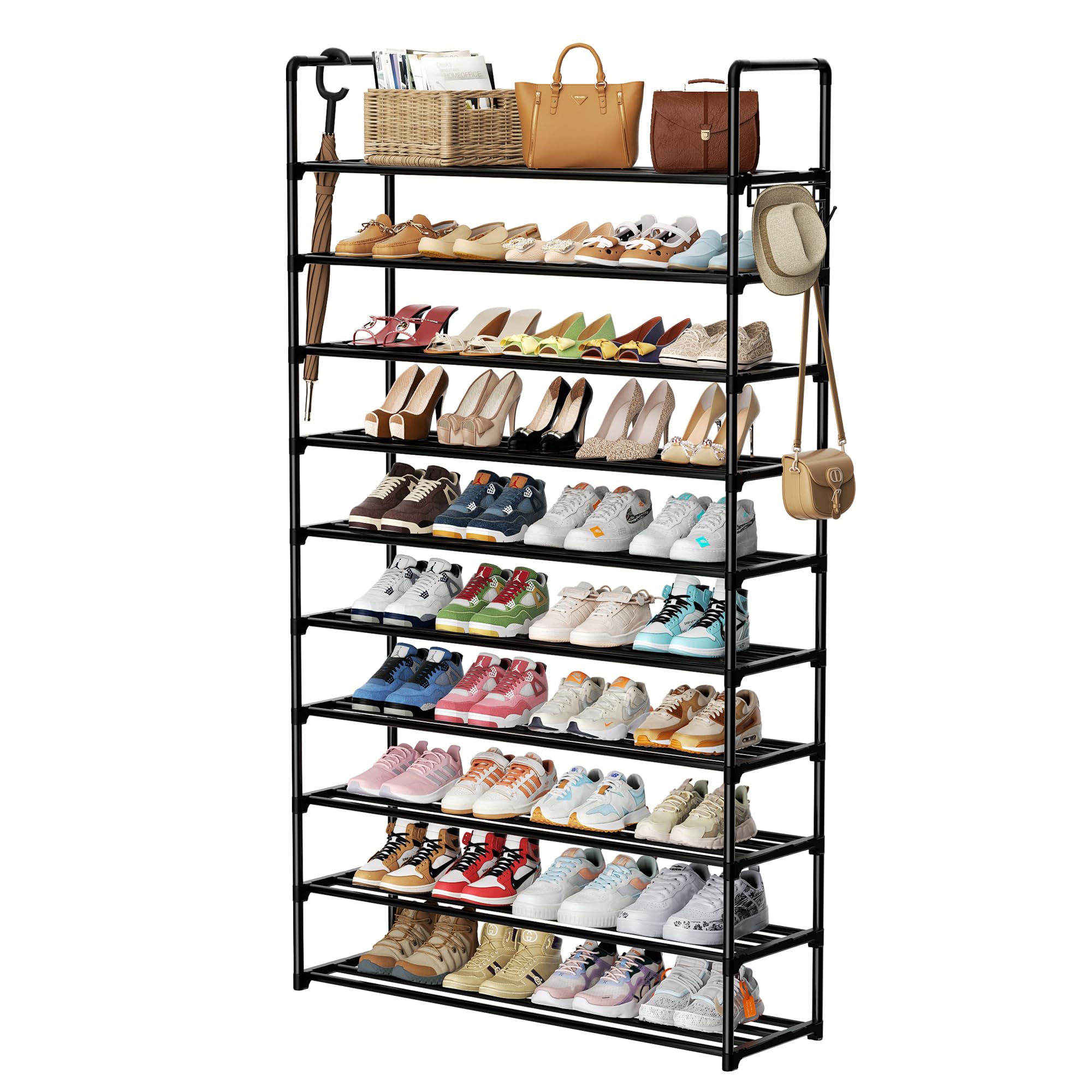 10-Tier Metal Shoe Rack Organizer with Hooks - Holds 40-45 Pairs - Space Saving Tall Shoe Shelf for Closet, Entryway, Living Room & Hallway - Perfect Shoe Storage Solution for Small Spaces & Apartment Organization