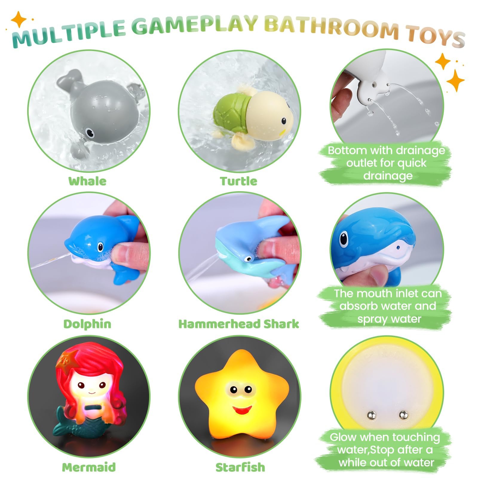 Orzbow Light Up Whale Bath Toys for Toddlers & Kids - Wind Up Water Toys for Babies 1-3 Years, Fun Spray Bathtub Toys with Bath Book & Mesh Organizer - Ocean Animal Set for Baby Pool & Bath Time Play