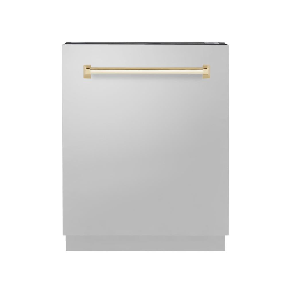 ZLINE Autograph Edition 24 Inch Stainless Steel Dishwasher with Polished Gold Handle - 3rd Rack, Top Control, Tall Tub Design, Ultra Quiet 51dBa (DWVZ 304 24 G) - Perfect for Modern Kitchens and Open-Concept Homes