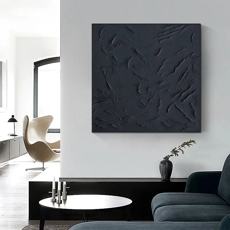 Black Minimalist Textured Painting Canvas - Square Wall Art Decor #MZ001 | Modern Home & Office Decor, Living Room, Bedroom Aesthetic