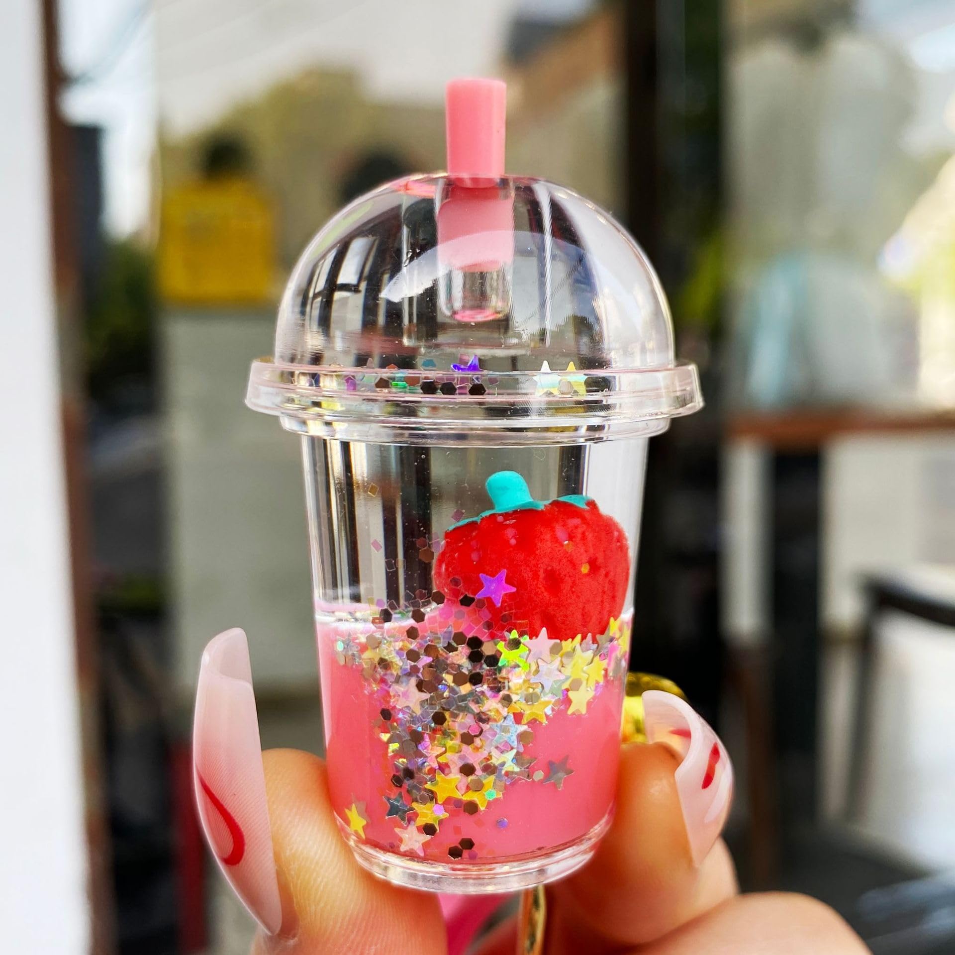 HSYHERE Floating Strawberry Milk Tea Cup Keychain - Cute Bubble Tea Pendant Keyring with Flower Strap for Girls & Women | Perfect for Backpacks, Purses, and Gift Giving