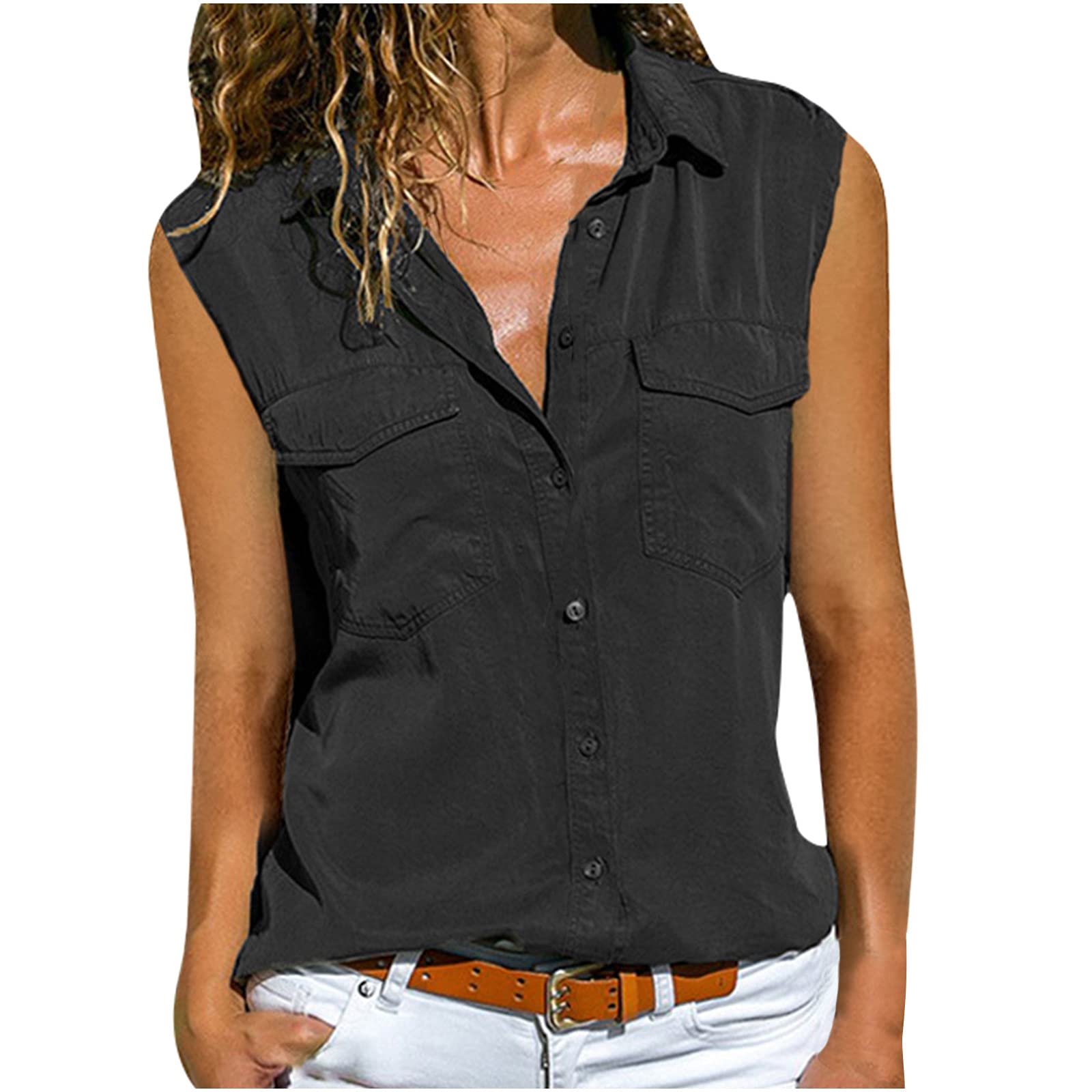 Women's Work Tops - Casual Solid Sleeveless Button Down Shirt with Collar & Pockets | Office Wear, Business Casual, Summer Outfits