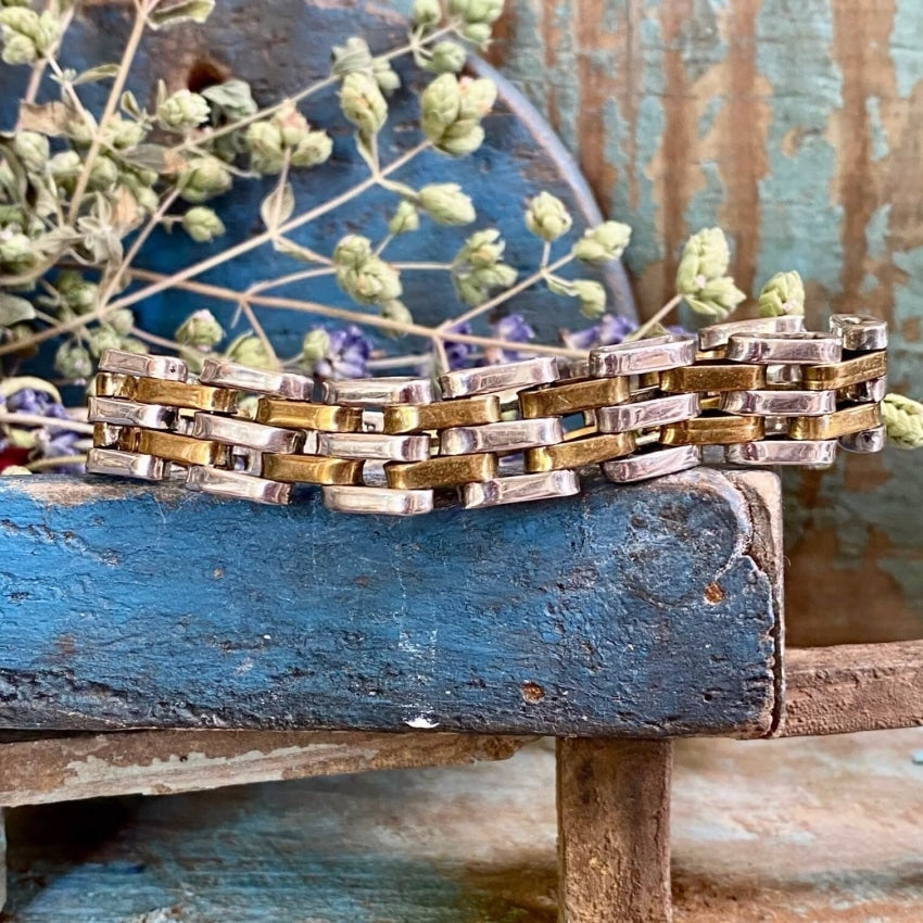 Sterling Silver Brass Bar Link Bracelet - Handmade Mexican Jewelry for Women - Perfect for Casual Wear, Parties & Gifts