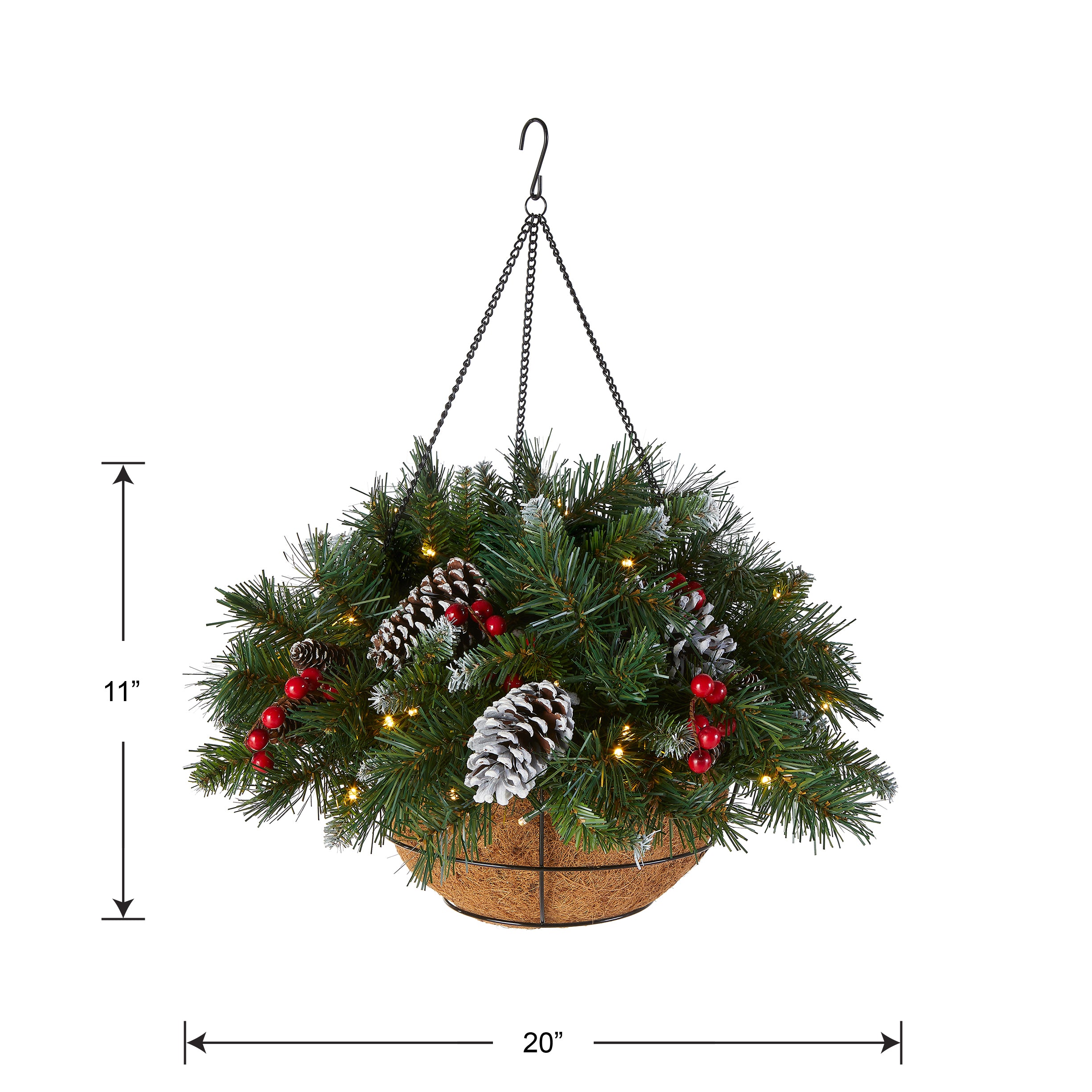 20 Inch Pre-Lit Frosted Berry Hanging Basket with Warm White LED Lights - Perfect for Christmas Decor, Outdoor Patio, Garden, and Holiday Party Decorations