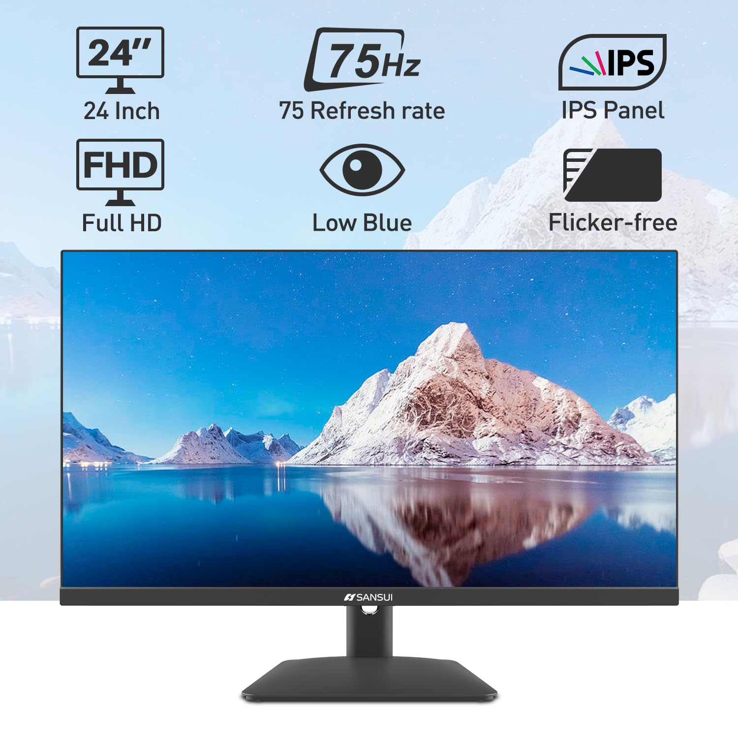 SANSUI 24 Inch IPS FHD 1080P Computer Monitor - 75Hz Refresh Rate with HDMI, VGA & DisplayPort - Built-in Speakers & Eye Care Technology - Ergonomic Tilt Design (Includes HDMI Cable) - Perfect for Home Office, Gaming & Multimedia Entertainment