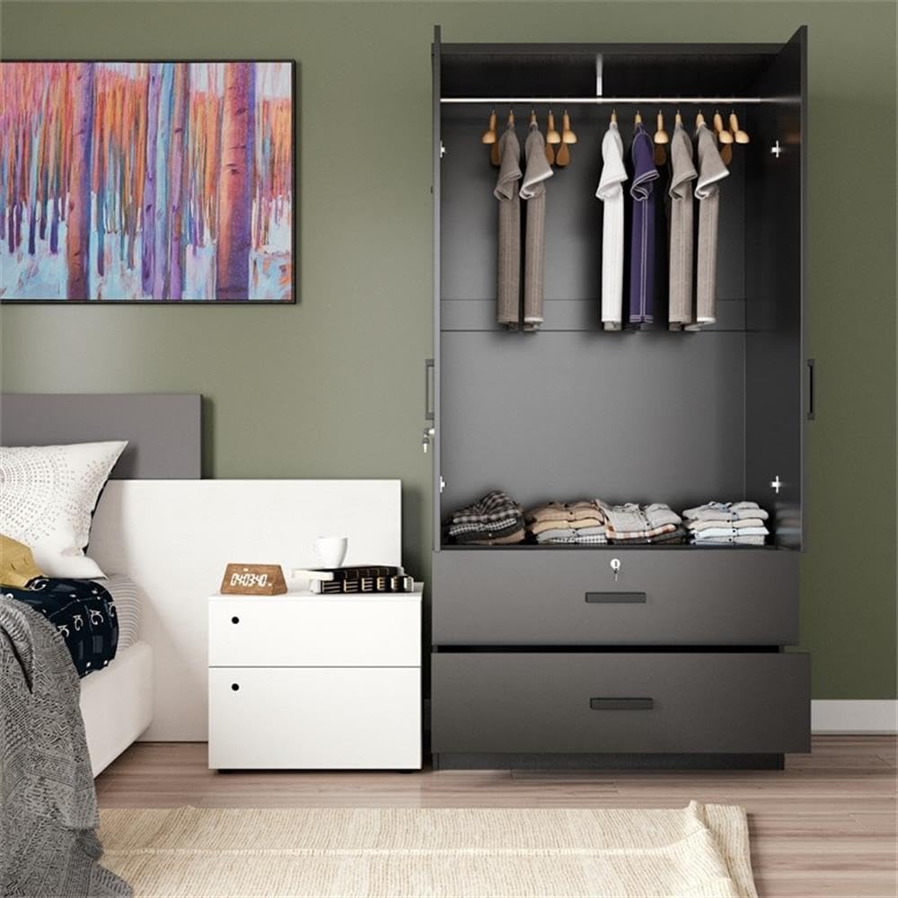 Better Home Products Grace Wood 2-Door Wardrobe Armoire with 2 Drawers - Black Wooden Closet for Bedroom Storage & Organization