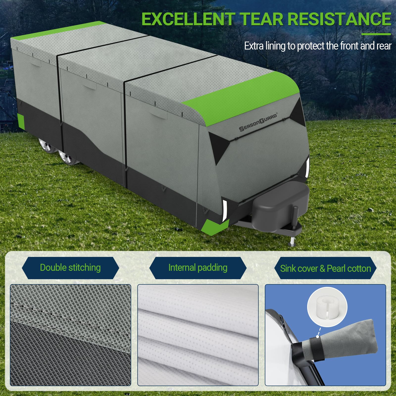 Windproof Heavy-Duty 7-Layer RV Travel Trailer Cover with Adhesive Repair Patches - Fits 30'-33' Campers (Grey) - All-Weather Protection for Outdoor Storage & Winter Use