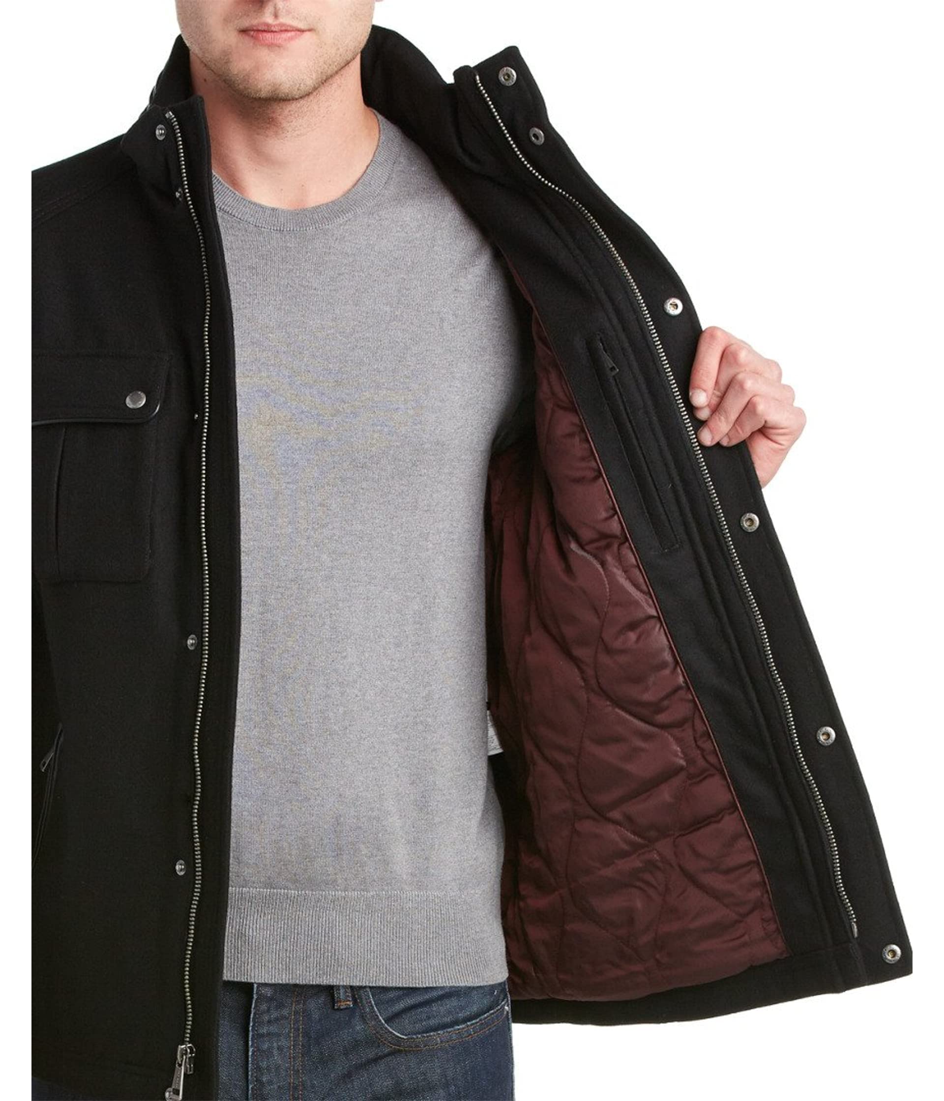 Cole Haan Men's Wool Melton Stand Collar Jacket with Patch Pockets | Winter Coat for Business Casual & Outdoor Activities | Warm Fleece-Lined Blazer for Office, Travel & Date Nights