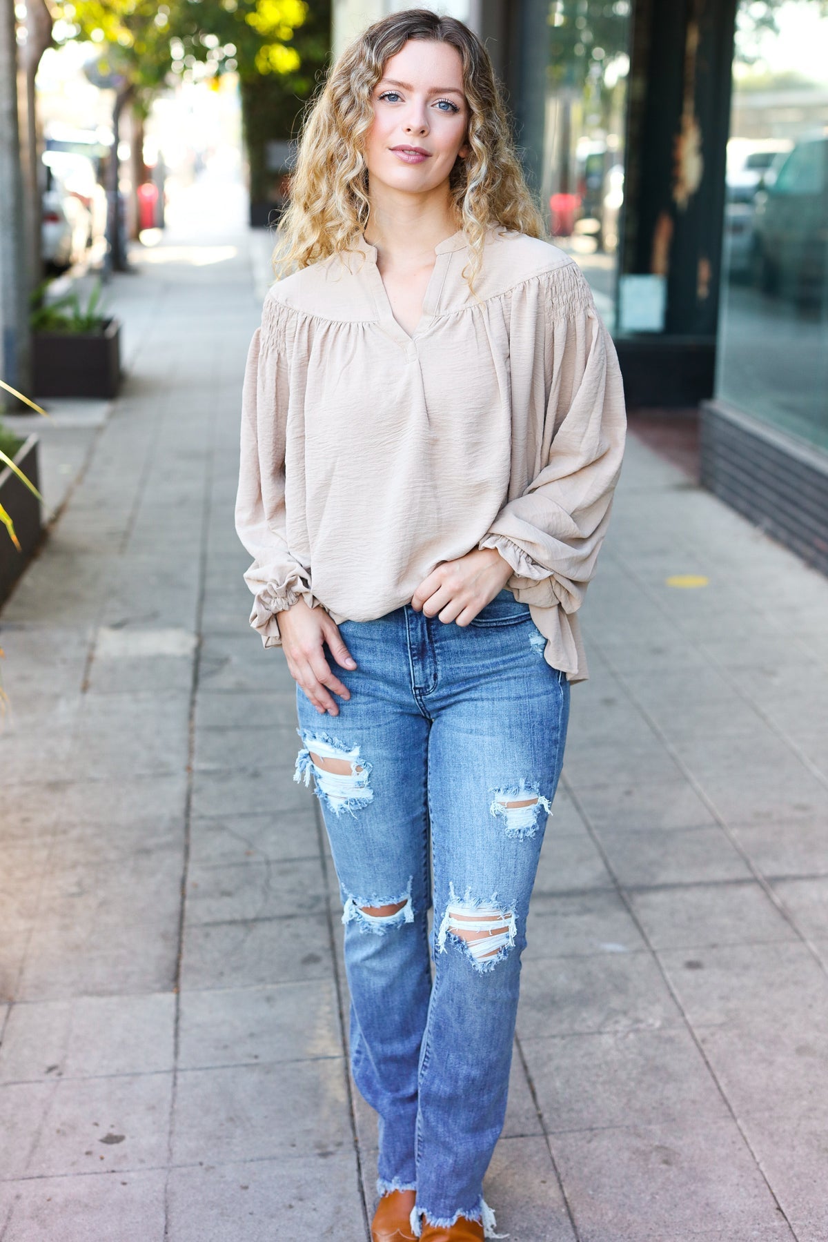 Boho Chic Taupe Smocked Bubble Sleeve Blouse with Notched Neckline - Perfect for Summer Festivals & Beach Vacations