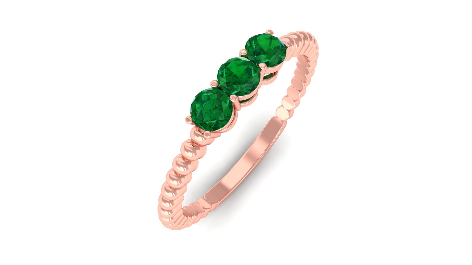 1/4 CT Emerald Three Stone Ring for Women - 14K Solid Gold Beaded Band, May Birthstone Jewelry - Perfect for Engagement, Anniversary & Special Occasions